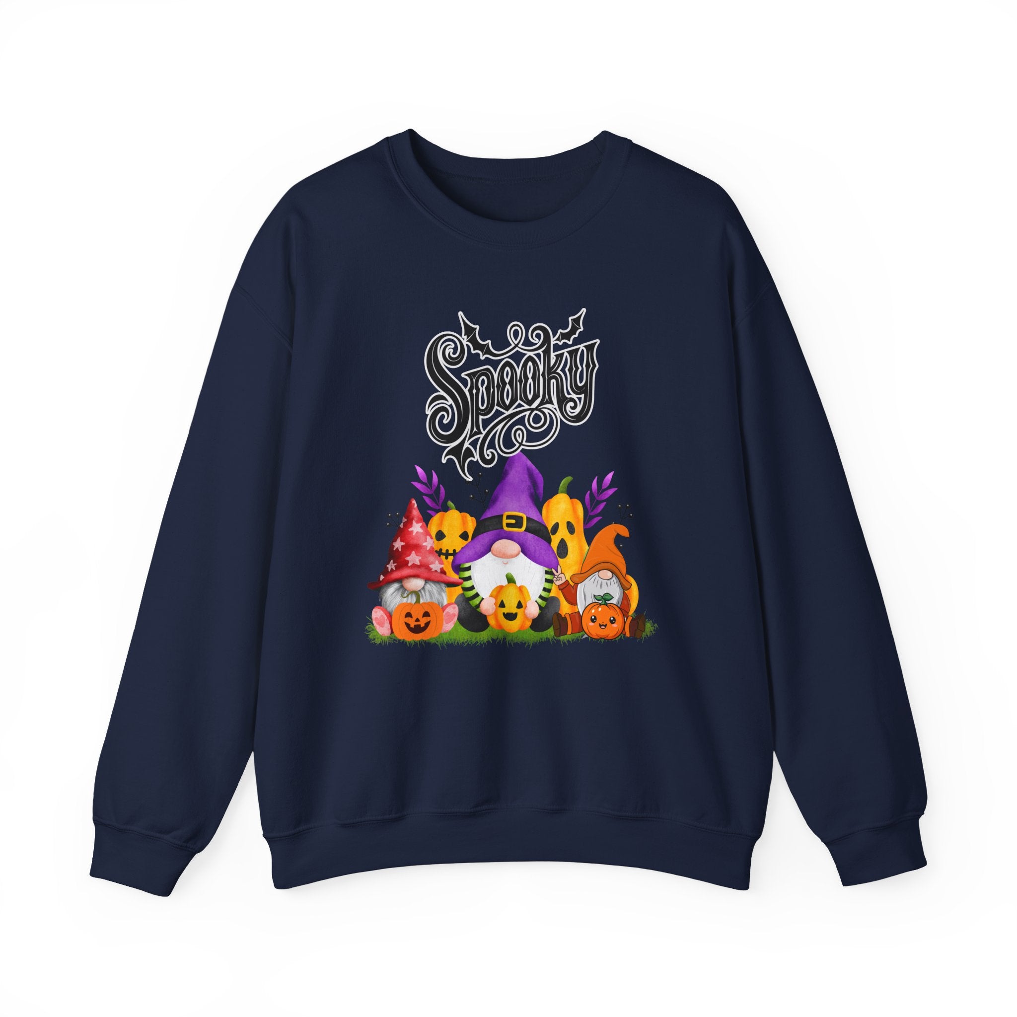 Navy blue sweatshirt with Halloween-themed design featuring gnomes and pumpkins on a white background.