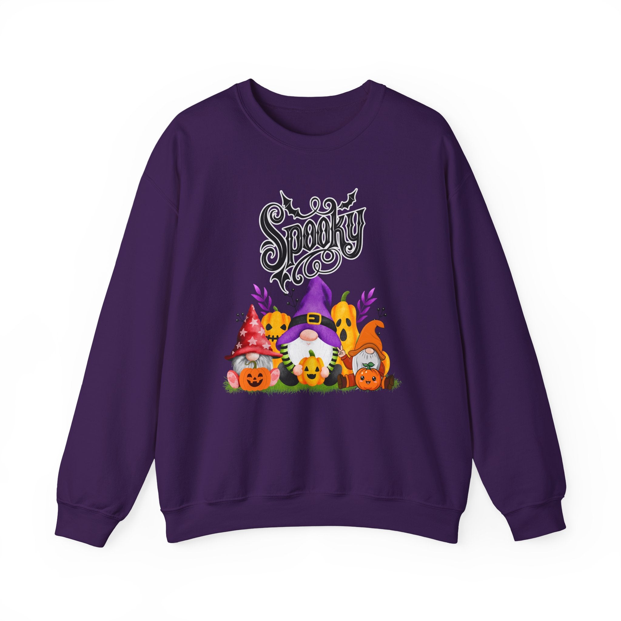 Purple sweatshirt with Halloween-themed design featuring gnomes and pumpkins on a white background