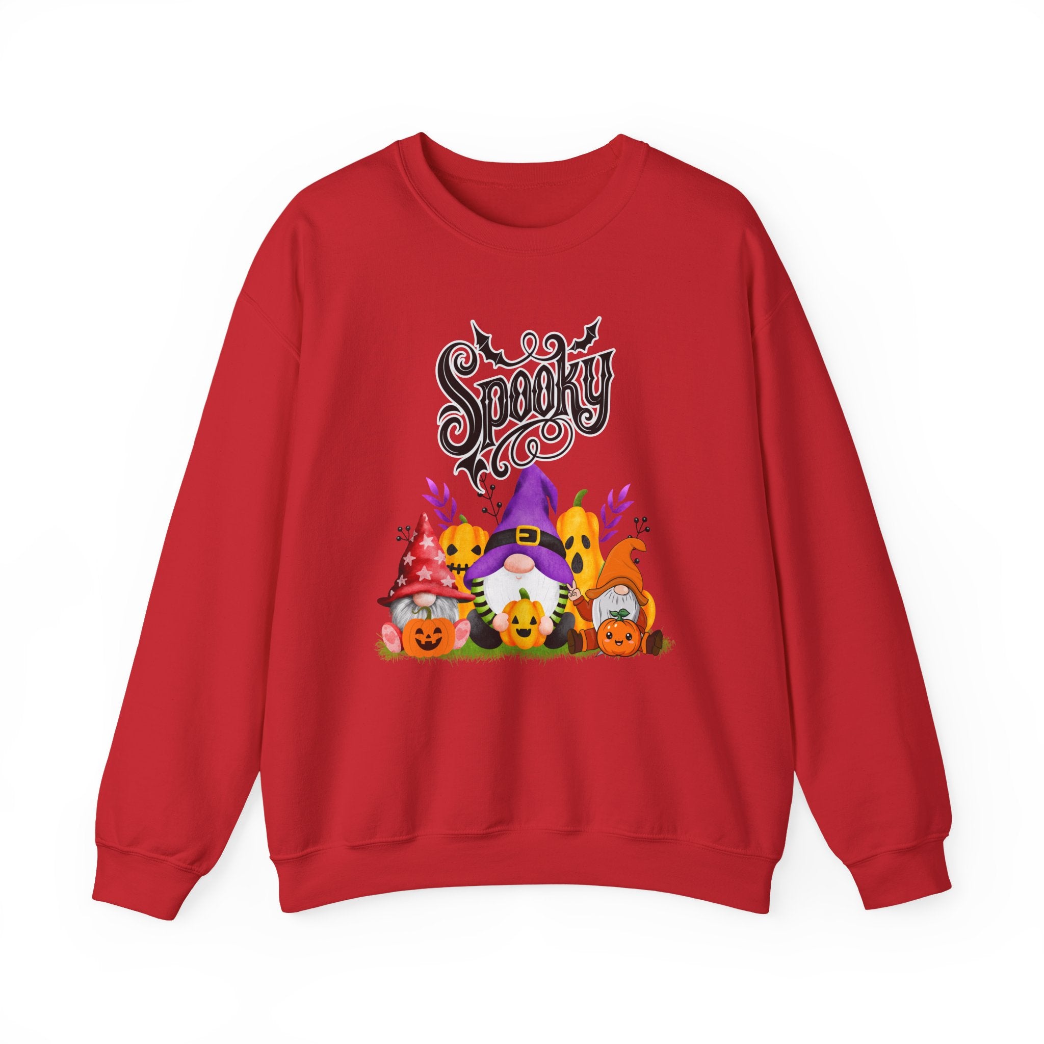 Red sweatshirt with Halloween-themed design featuring gnomes and pumpkins on a white background.