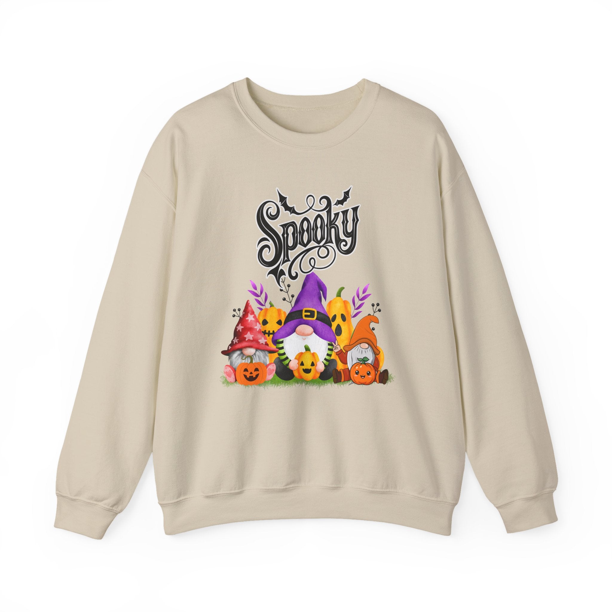 Beige sweatshirt with Halloween-themed design featuring gnomes and the word 'Spooky'.