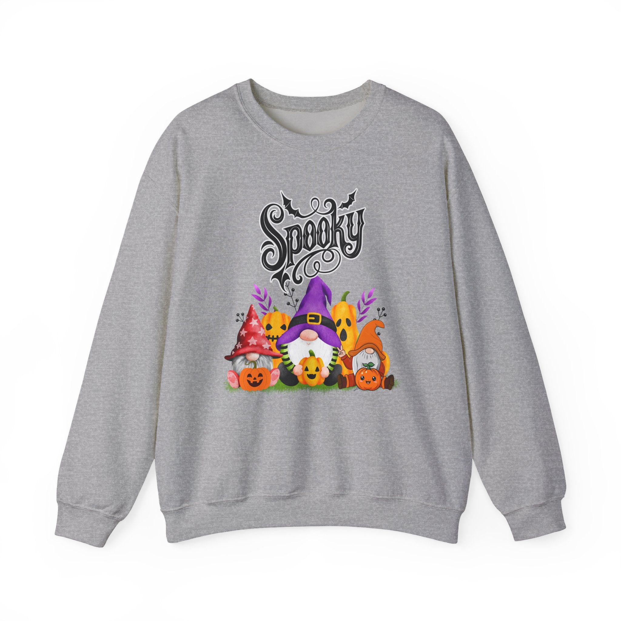 Gray sweatshirt with Halloween-themed design featuring gnomes and the word 'Spooky' on a white background.