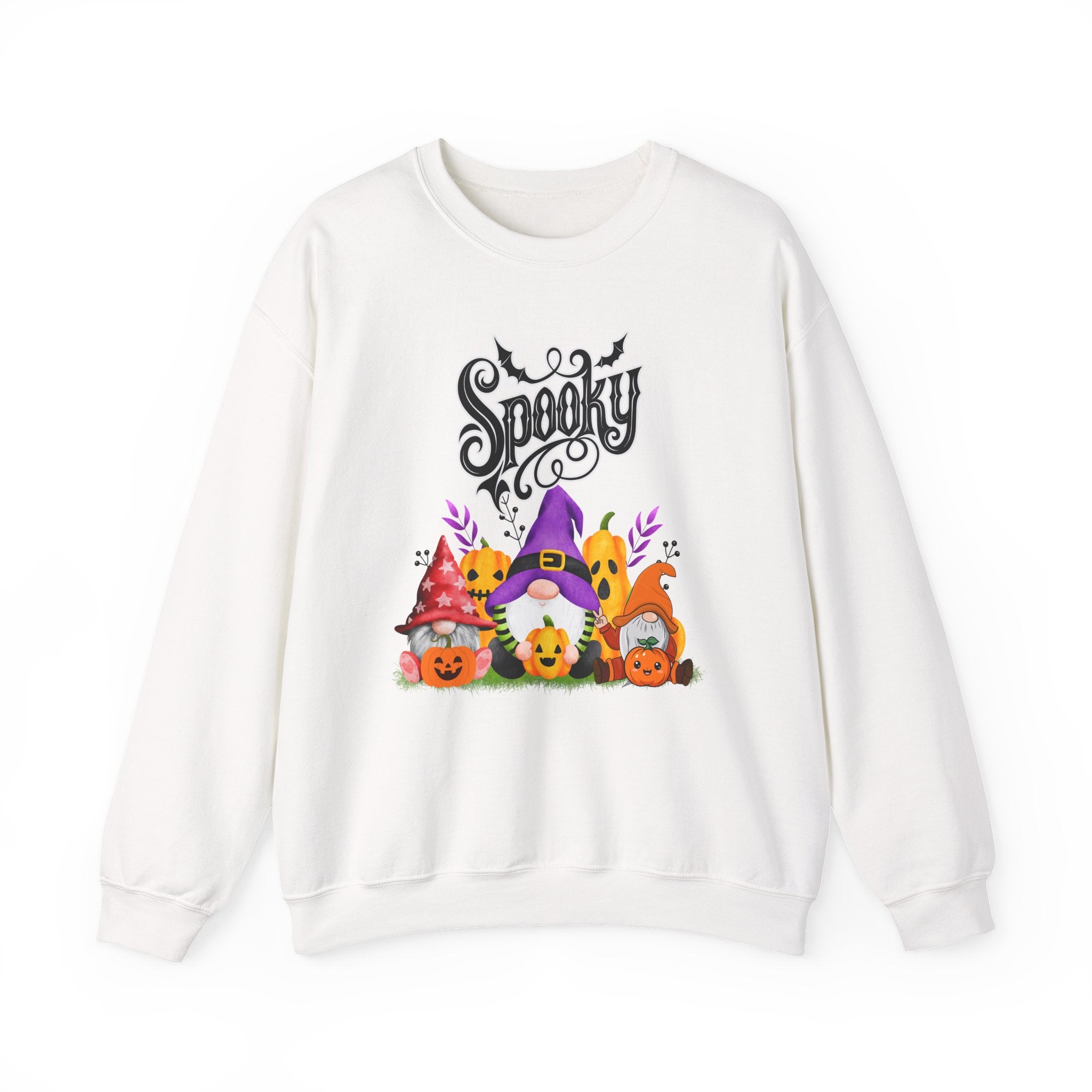 White sweatshirt with Halloween-themed design featuring gnomes and 'Spooky' text on a white background.