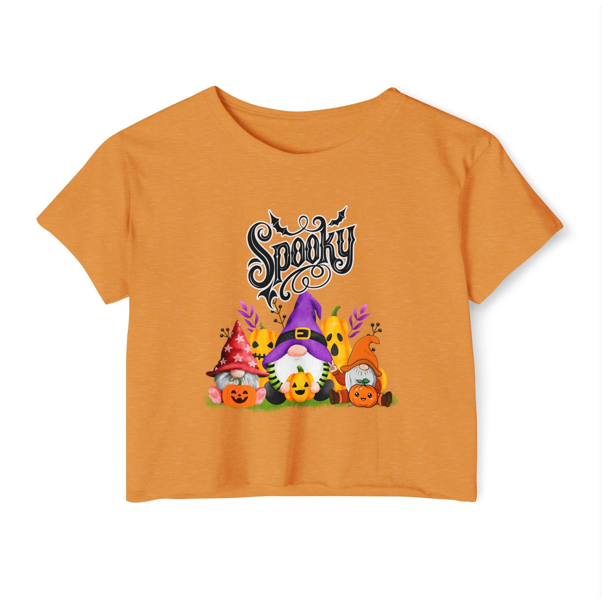 Antique gold orange t-shirt with Halloween-themed design featuring gnomes and pumpkins on a white background.