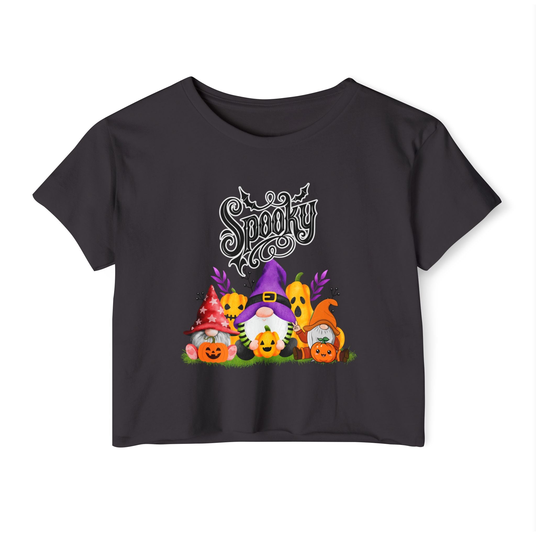 Black t-shirt with Halloween-themed design featuring gnomes and pumpkins on a white background
