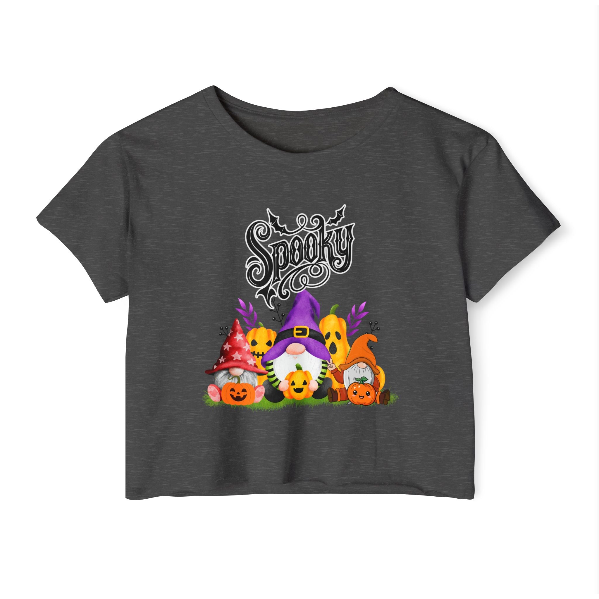 Charcoal gray t-shirt with Halloween-themed design featuring gnomes and pumpkins on a white background.