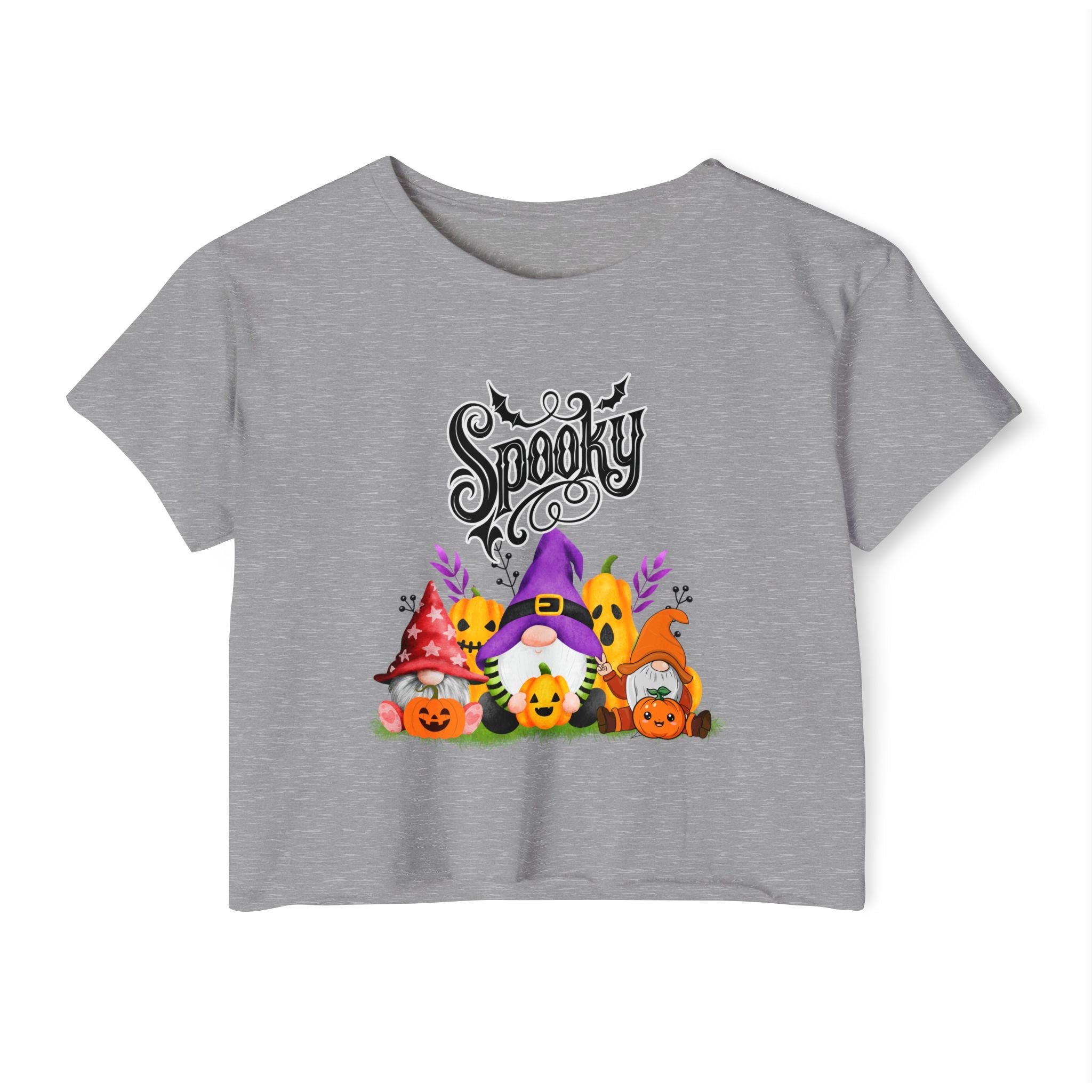 Gray t-shirt with Halloween-themed design featuring gnomes and pumpkins on a white background