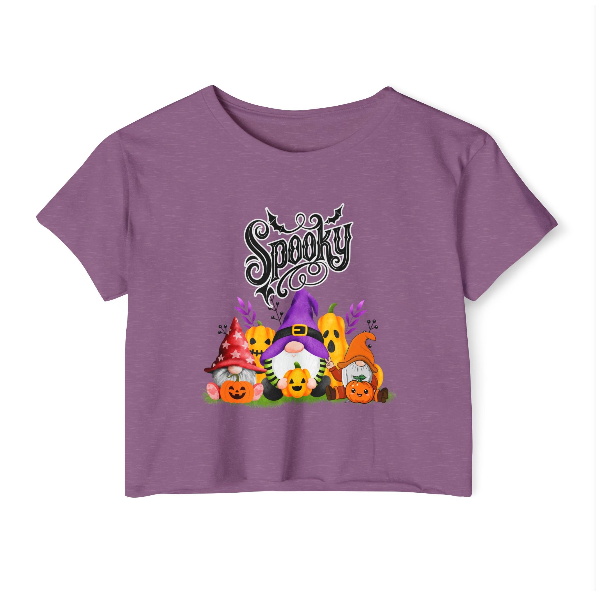 Shiraz purple t-shirt with Halloween-themed design featuring gnomes and pumpkins on a white background