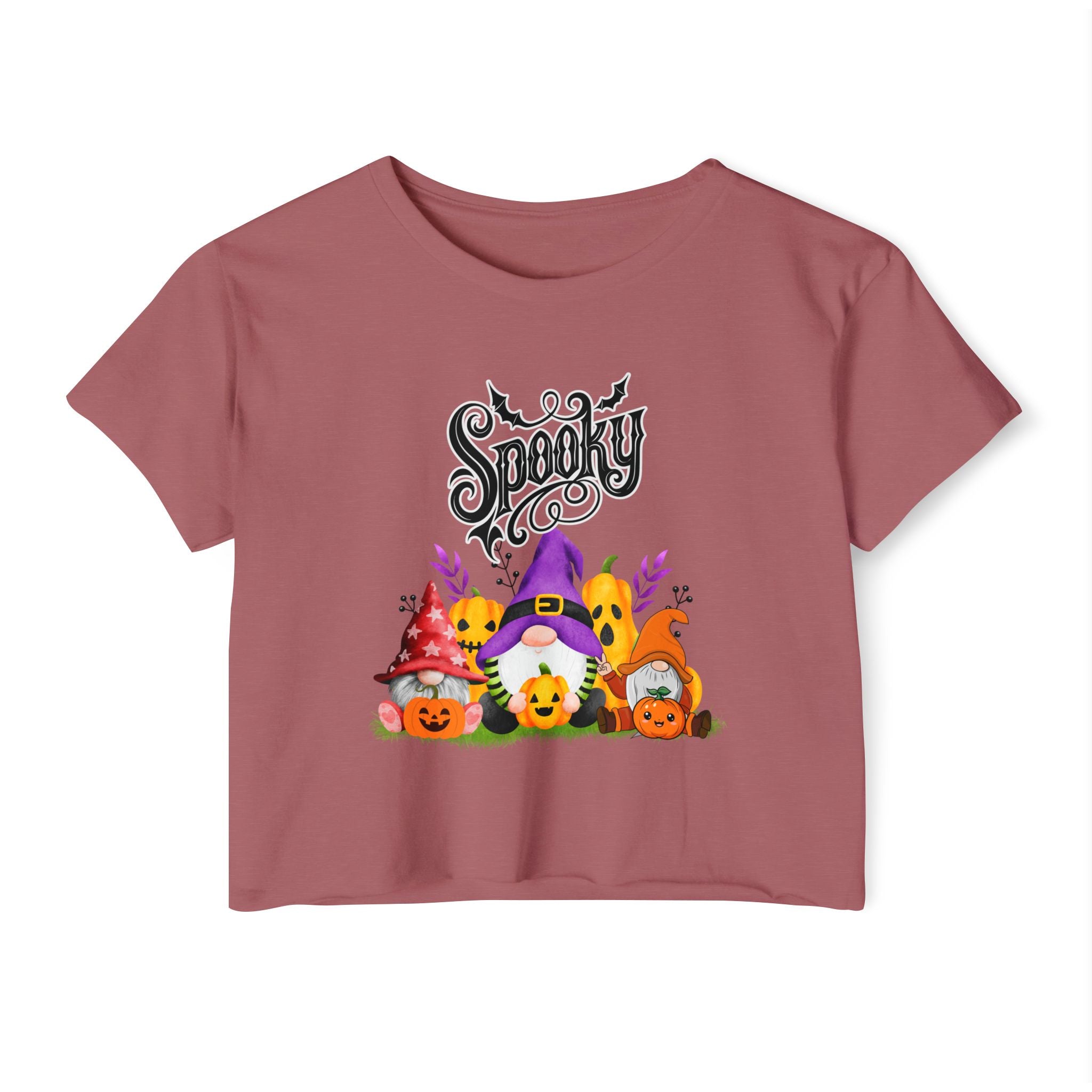 Smoked paprika t-shirt with Halloween-themed design featuring gnomes and pumpkins on a white background.