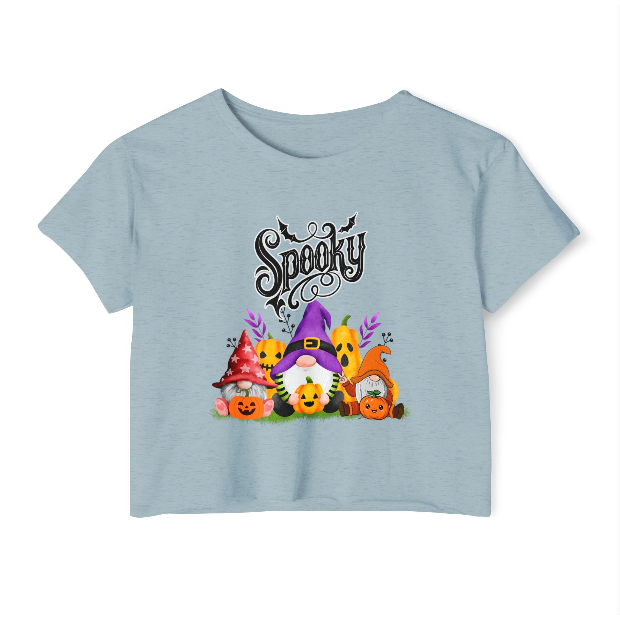 Stonewash denim light blue t-shirt with Halloween-themed design featuring gnomes and pumpkins on a white background.