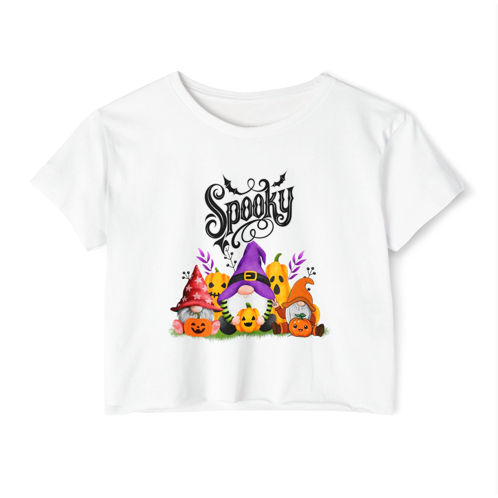 White t-shirt with Halloween-themed design featuring gnomes and pumpkins on a white background