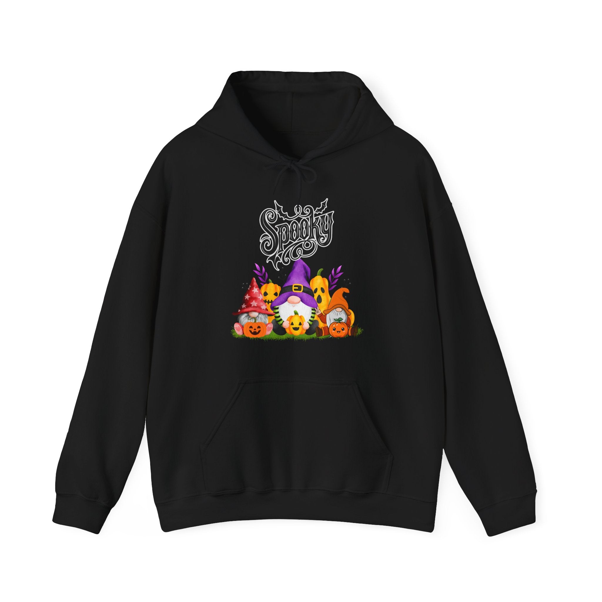 Black hoodie with Halloween-themed design featuring a gnome, pumpkins, and text on a white background.