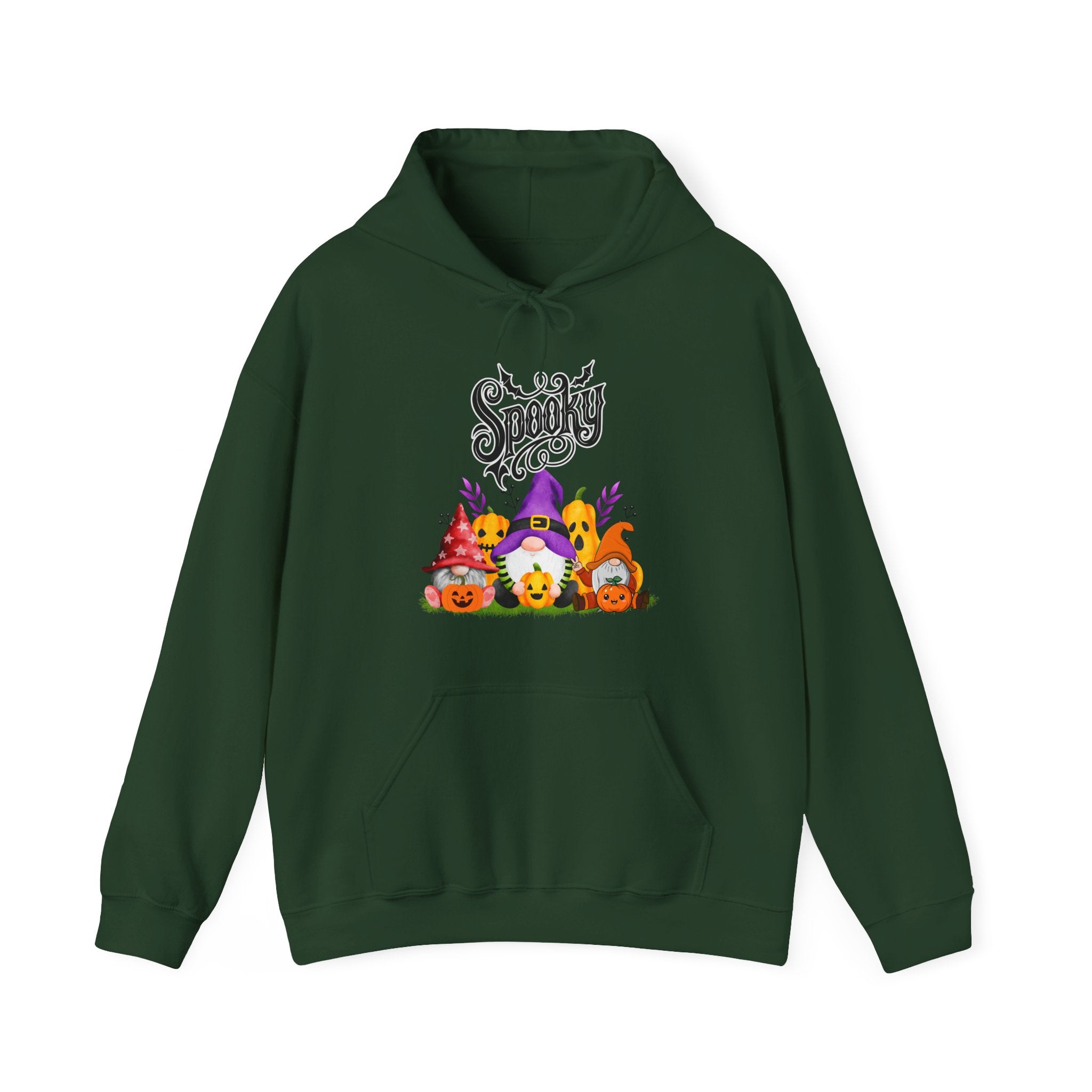 Forest green hoodie with Halloween-themed design featuring a gnome, pumpkins, and the word 'Spooky'.