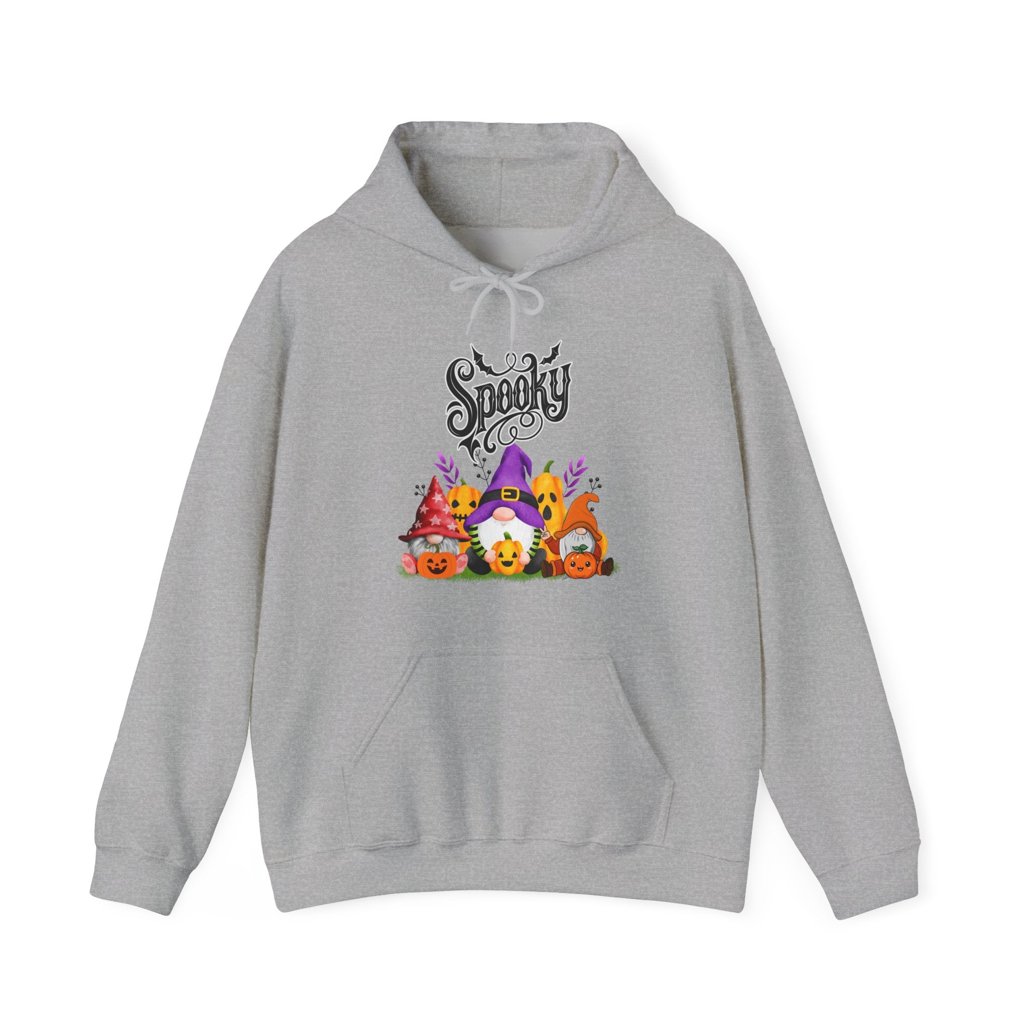Gray hoodie with Halloween-themed design featuring a gnome, pumpkins, and the word 'Spooky' on a white background.