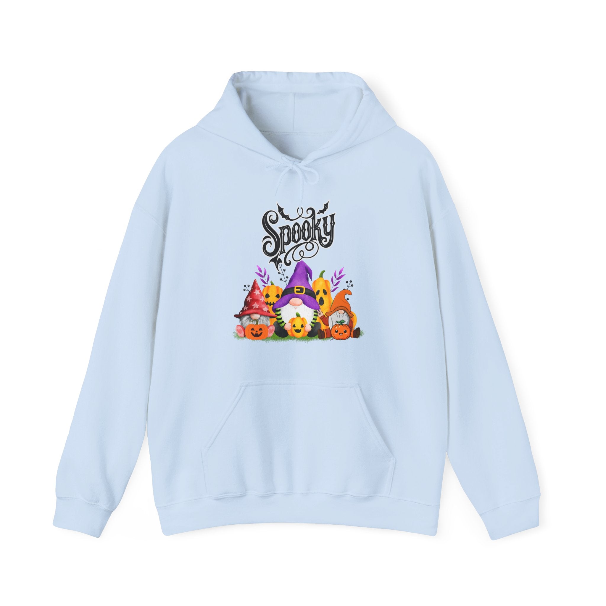 Light blue hoodie with Halloween-themed design and 'Spooky' text on a white background