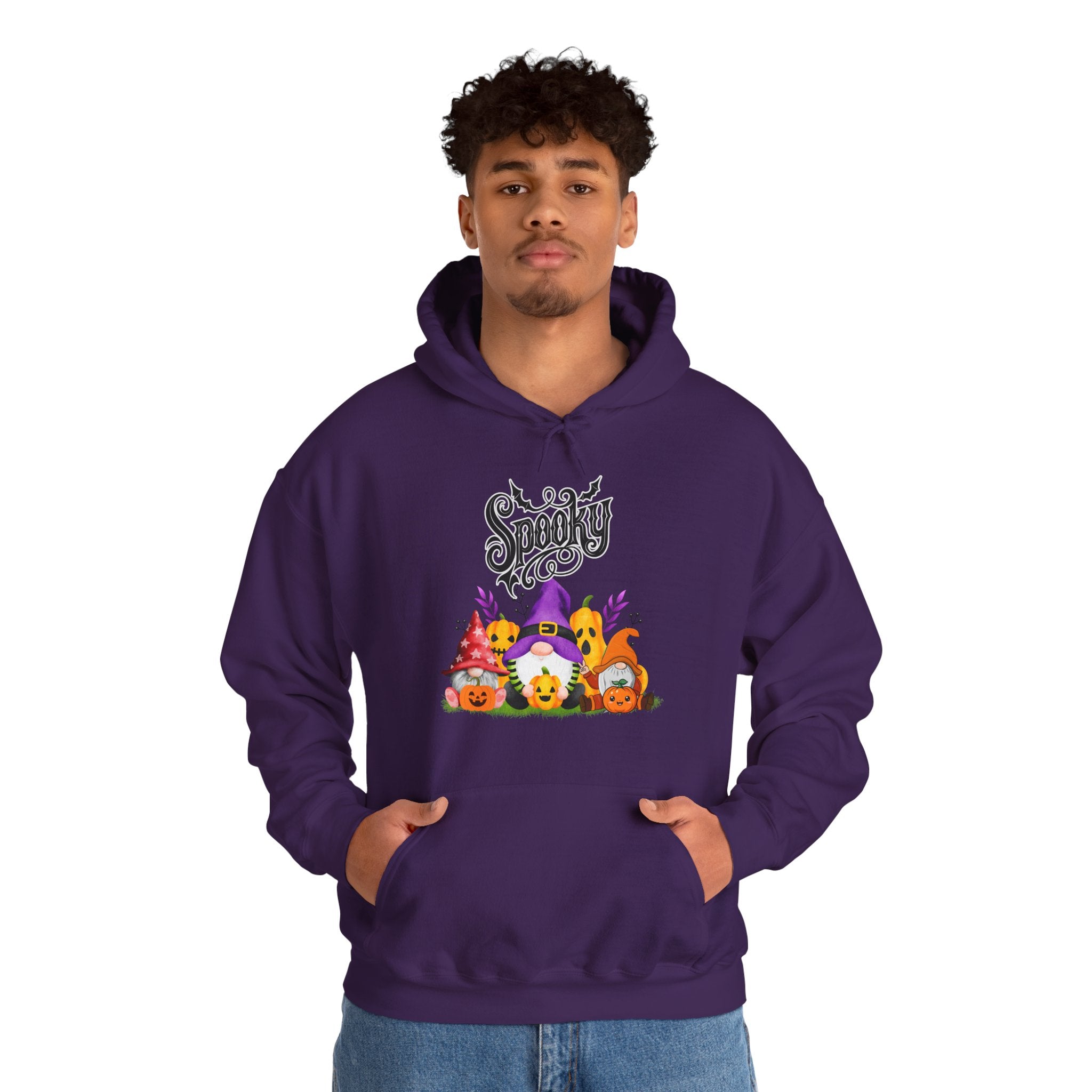 Person wearing a purple hoodie with Halloween-themed design on a white background
