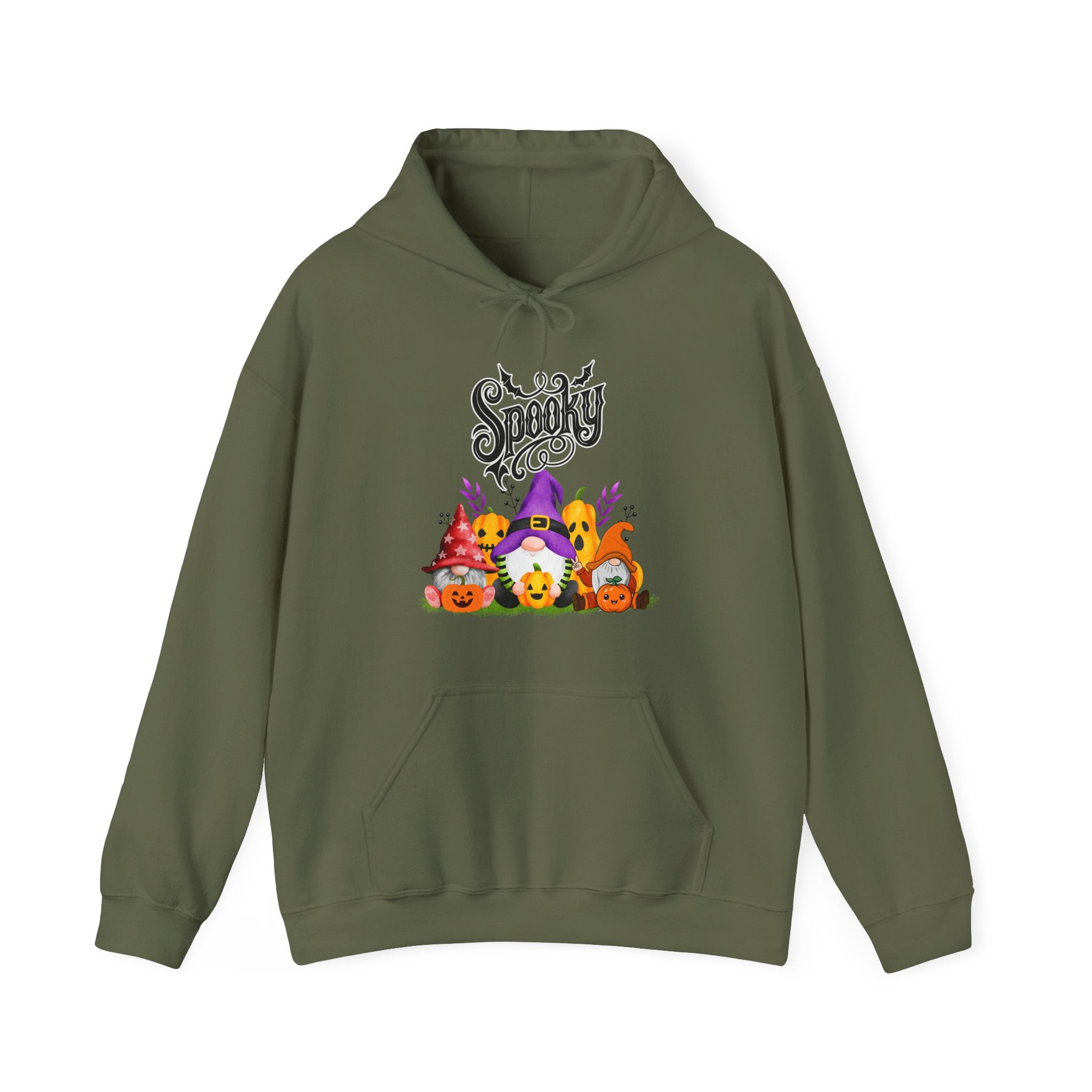 Military green hoodie with Halloween-themed design on a white background
