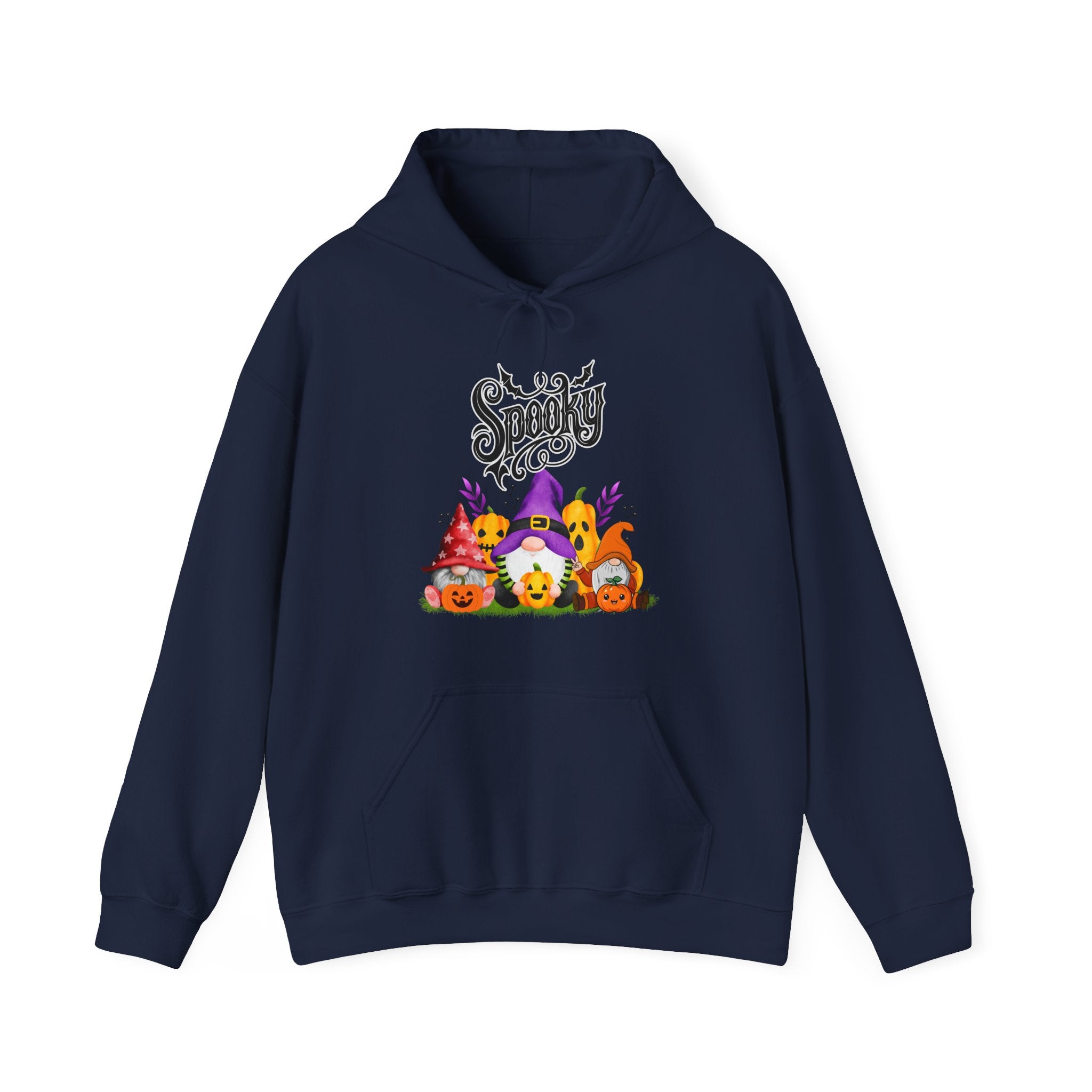 Navy blue hoodie with Halloween-themed design on a white background