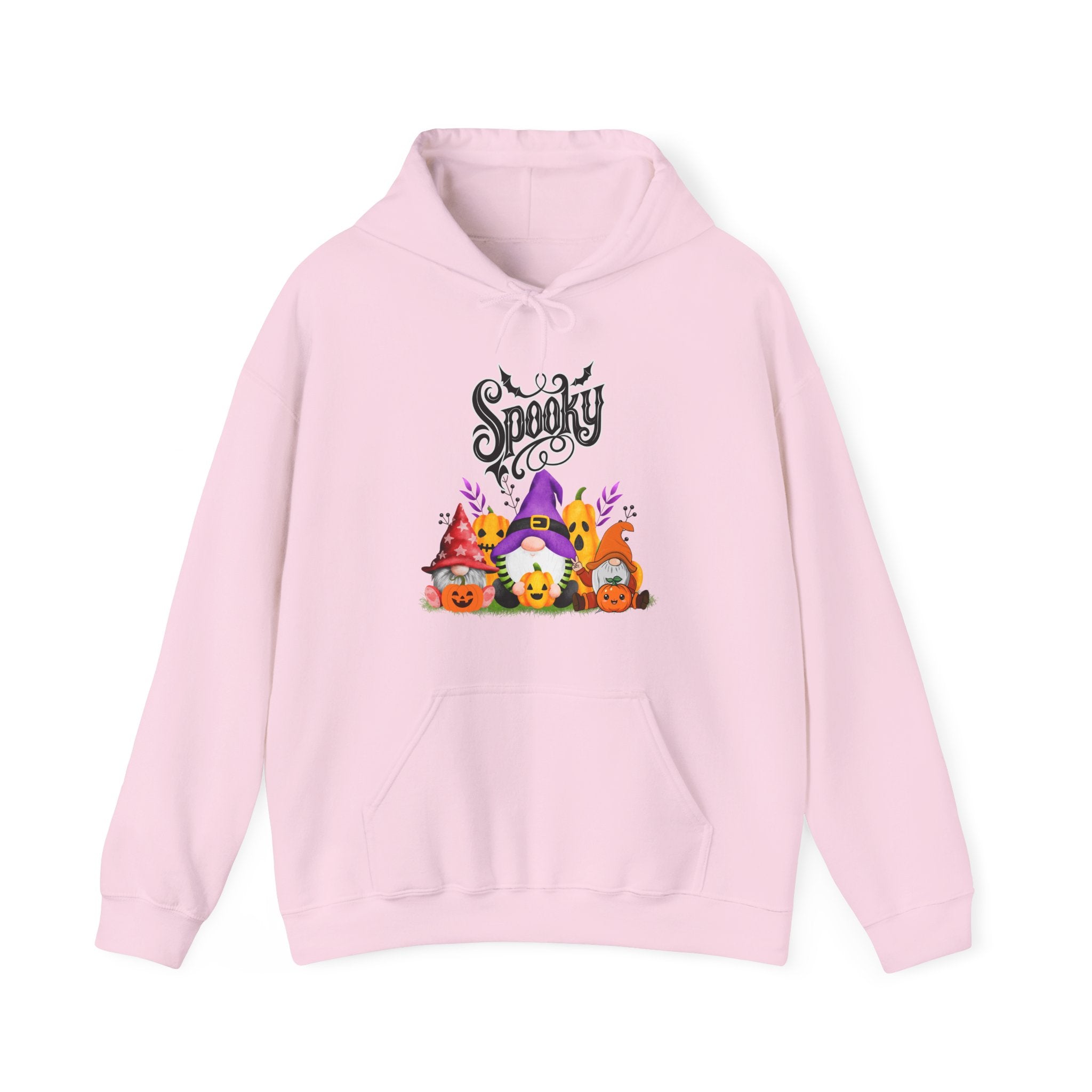 Pink hoodie with Halloween-themed design featuring gnomes and pumpkins on a white background