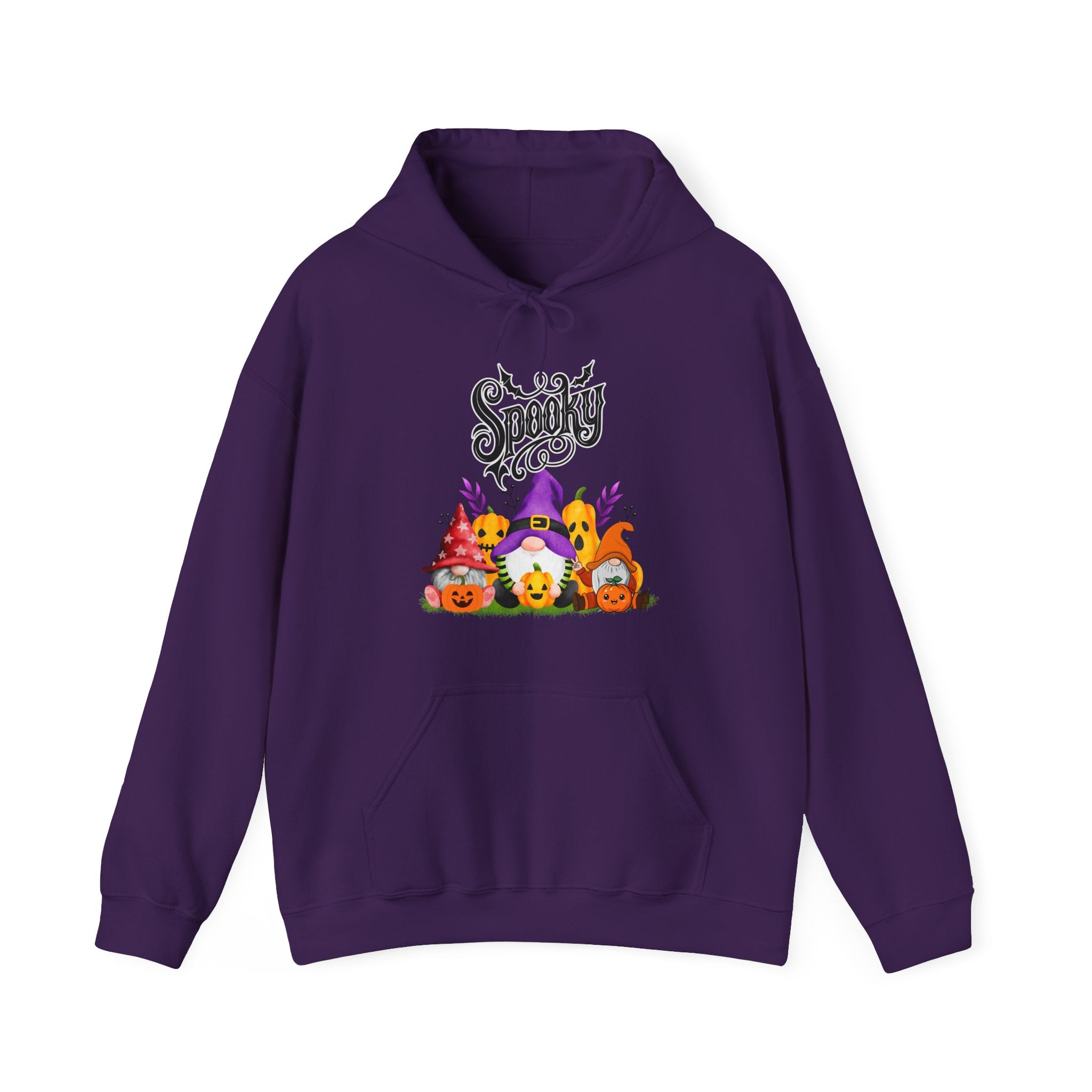 Purple hoodie with Halloween-themed design on a white background