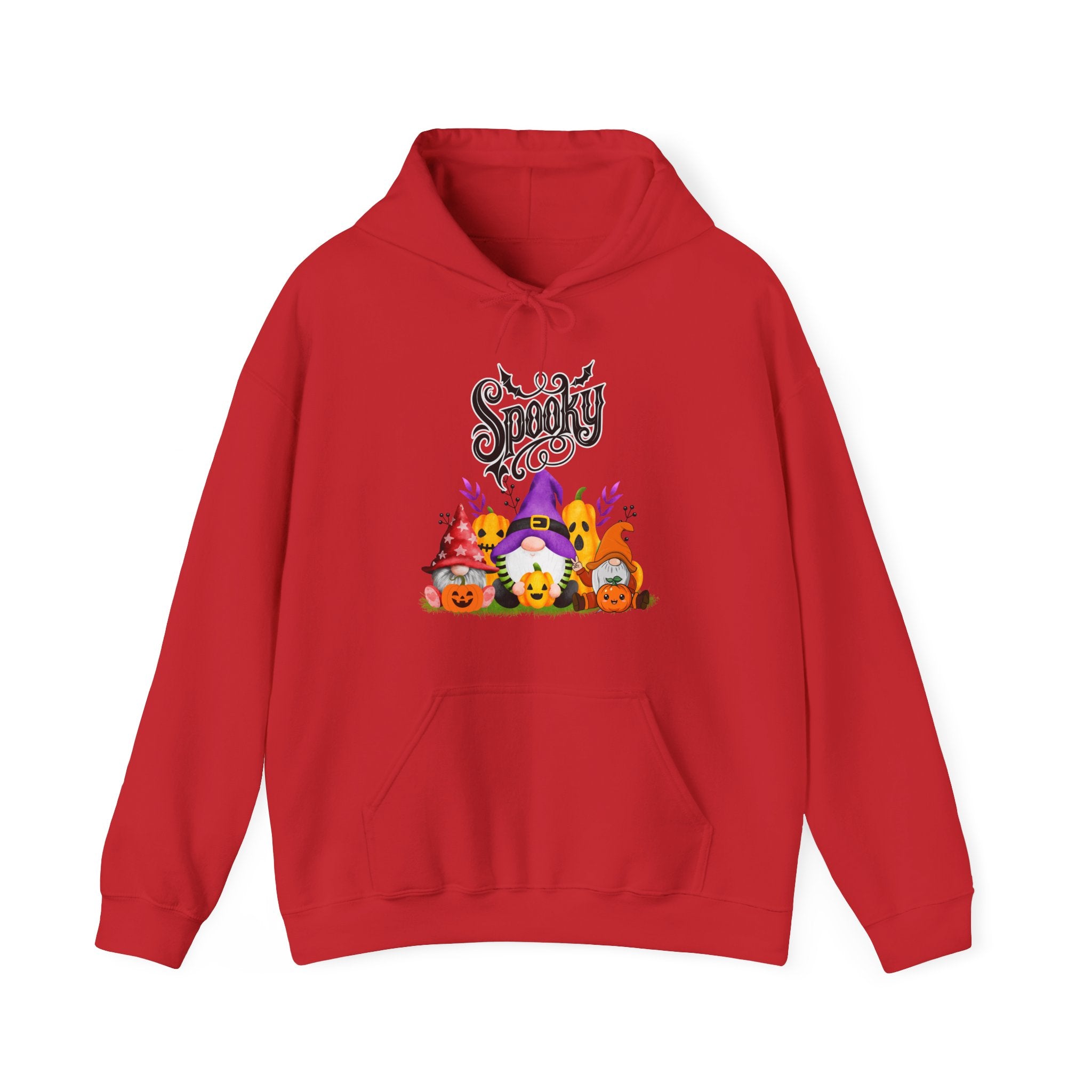 Red hoodie with Halloween-themed design on a white background