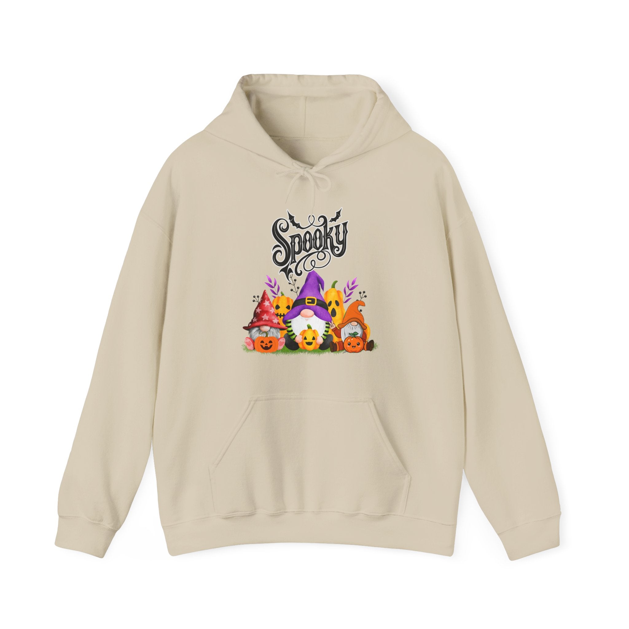 Beige hoodie with Halloween-themed design featuring gnomes and pumpkins on a white background