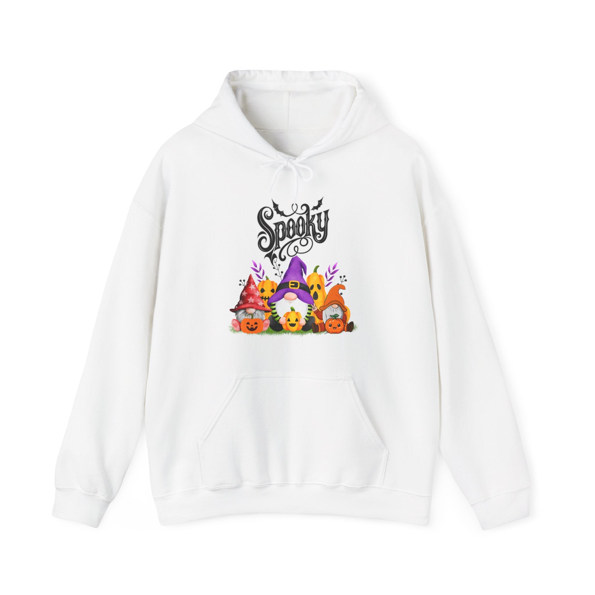 White hoodie with Halloween-themed design featuring gnomes and pumpkins on a white background