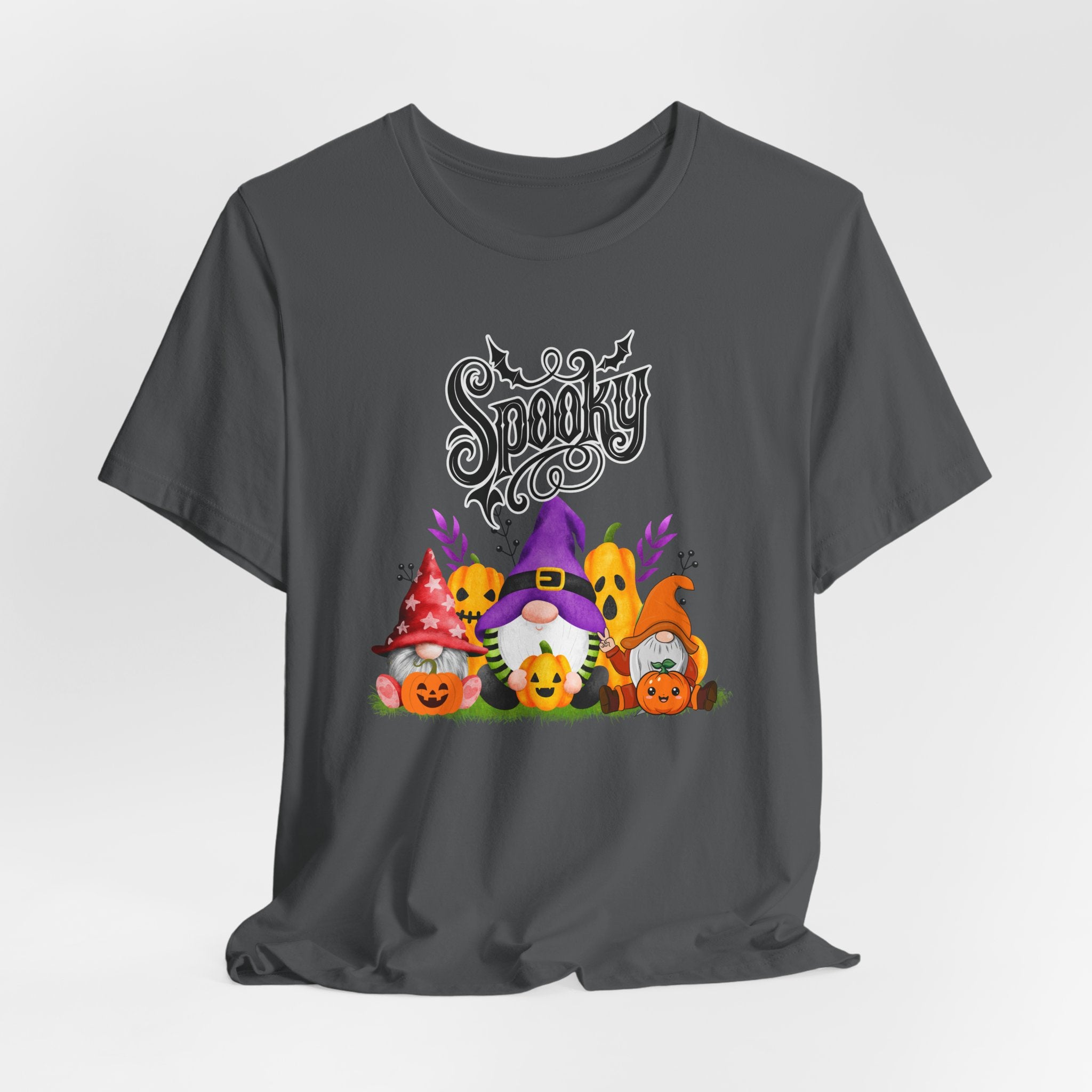 Asphalt gray t-shirt with Halloween-themed design featuring spooky gnomes and pumpkins on a white background