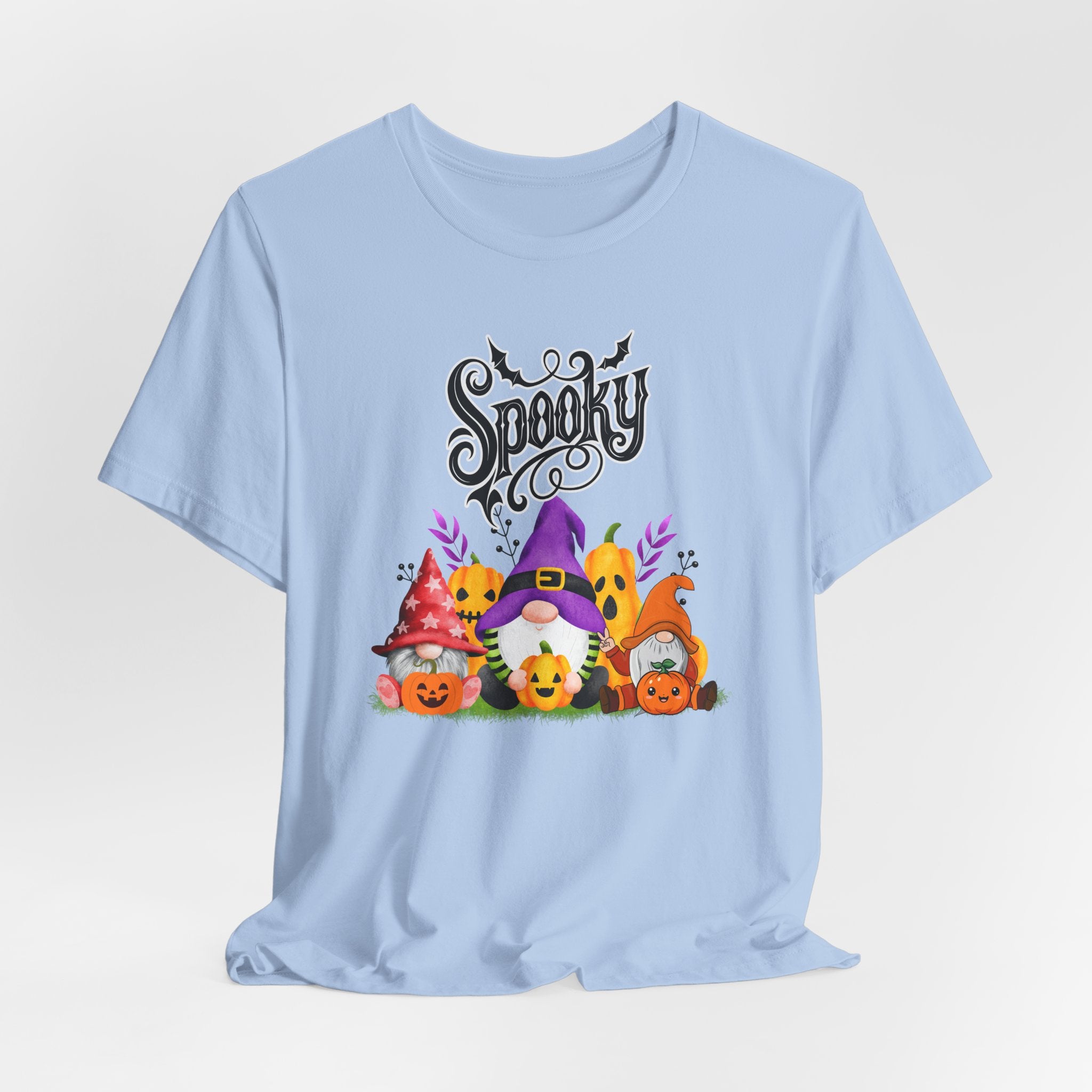 Baby light blue t-shirt with Halloween-themed design featuring spooky gnomes and pumpkins on a white background