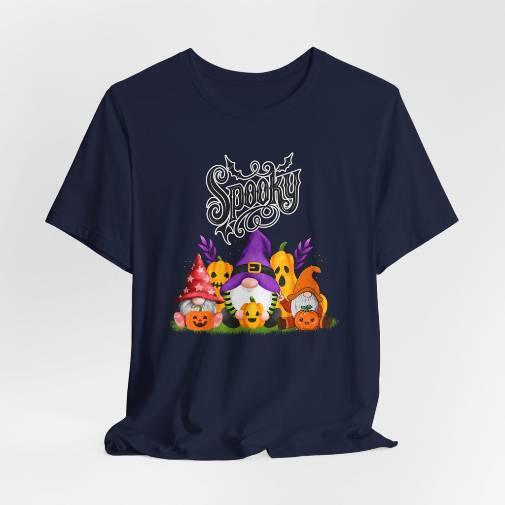Navy blue t-shirt with Halloween-themed design featuring spooky gnomes and pumpkins on a white background
