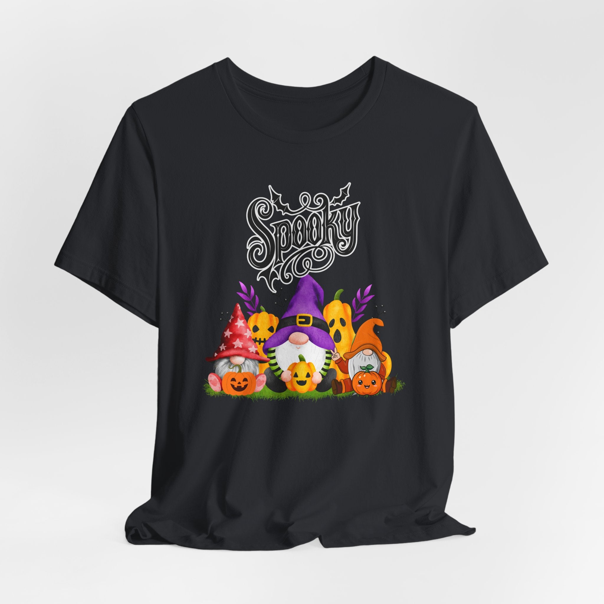 Vintage black t-shirt with Halloween-themed design featuring spooky gnomes and pumpkins on a white background