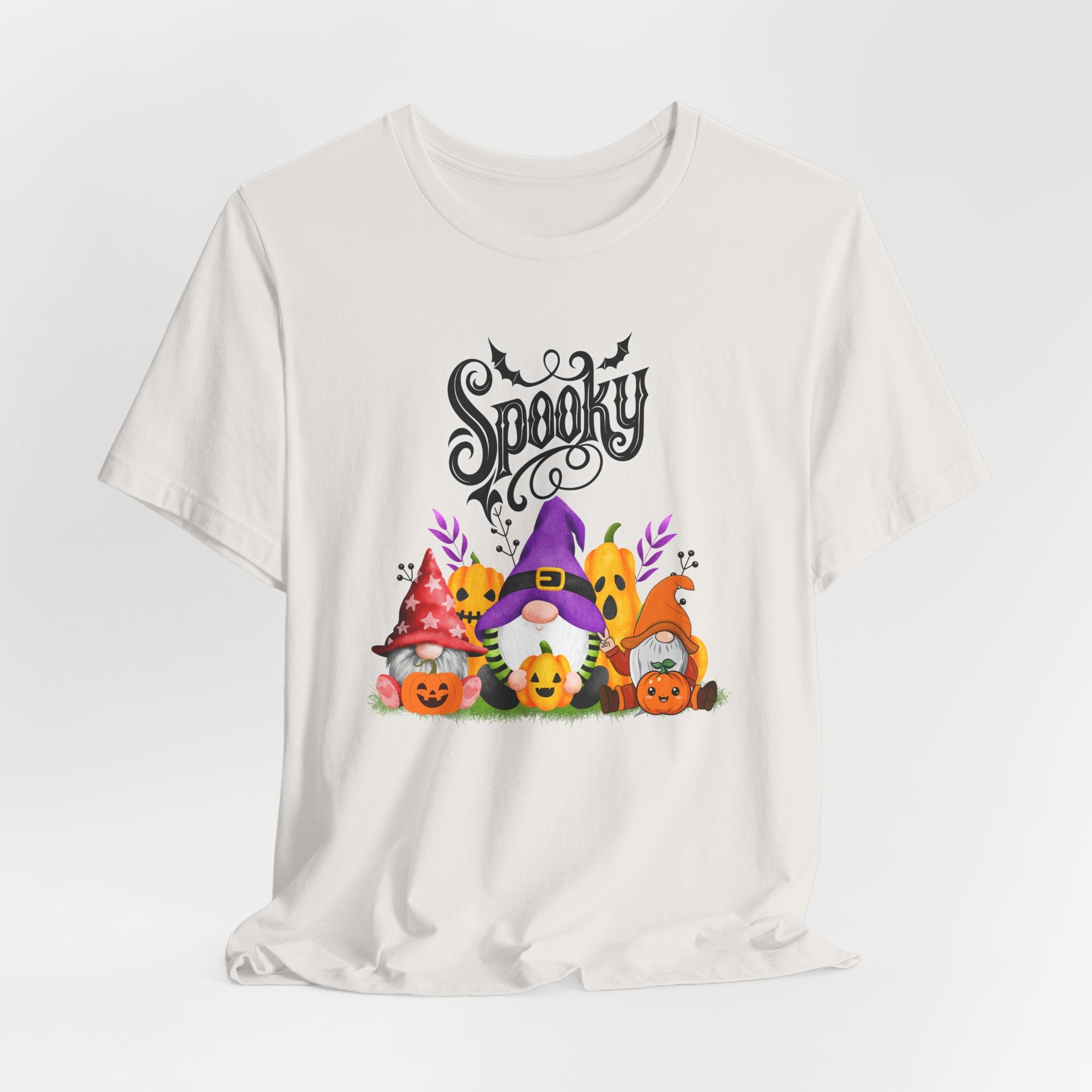 Vintage white t-shirt with Halloween-themed design featuring spooky gnomes and pumpkins on a white background