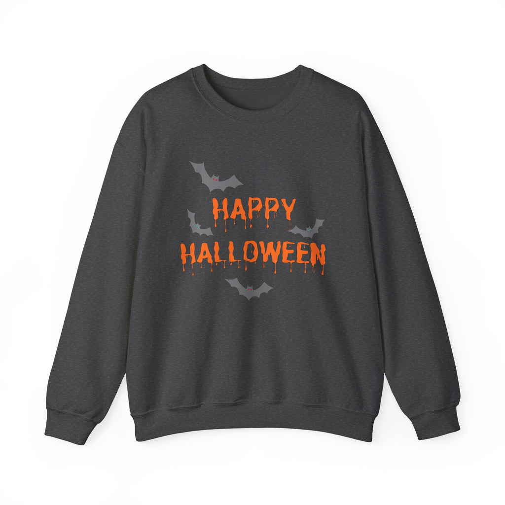 Dark gray sweatshirt with 'Happy Halloween' text and bats on a white background