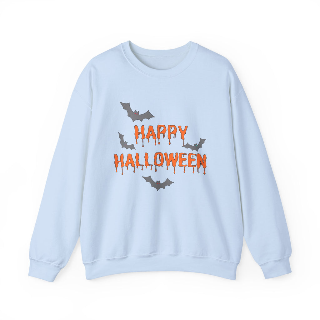 Light blue sweatshirt with 'Happy Halloween' and bat graphics on a white background
