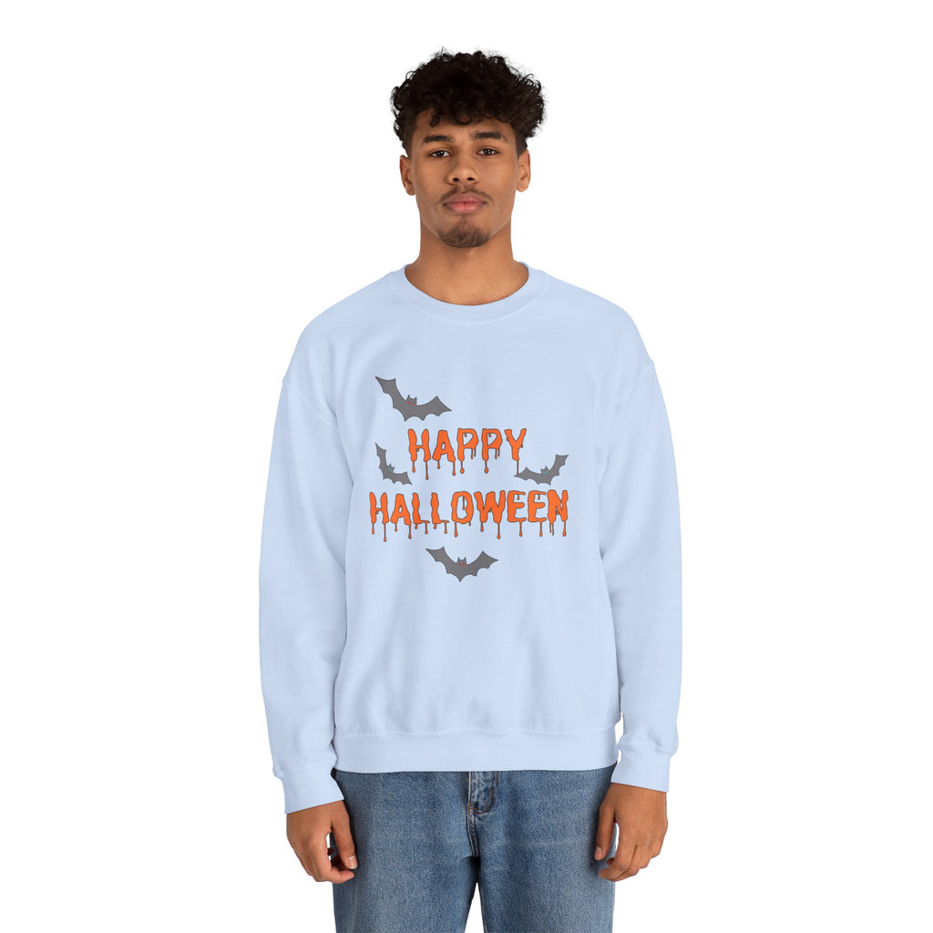 Person wearing a light blue sweatshirt with 'Happy Halloween' and bat designs on a white background