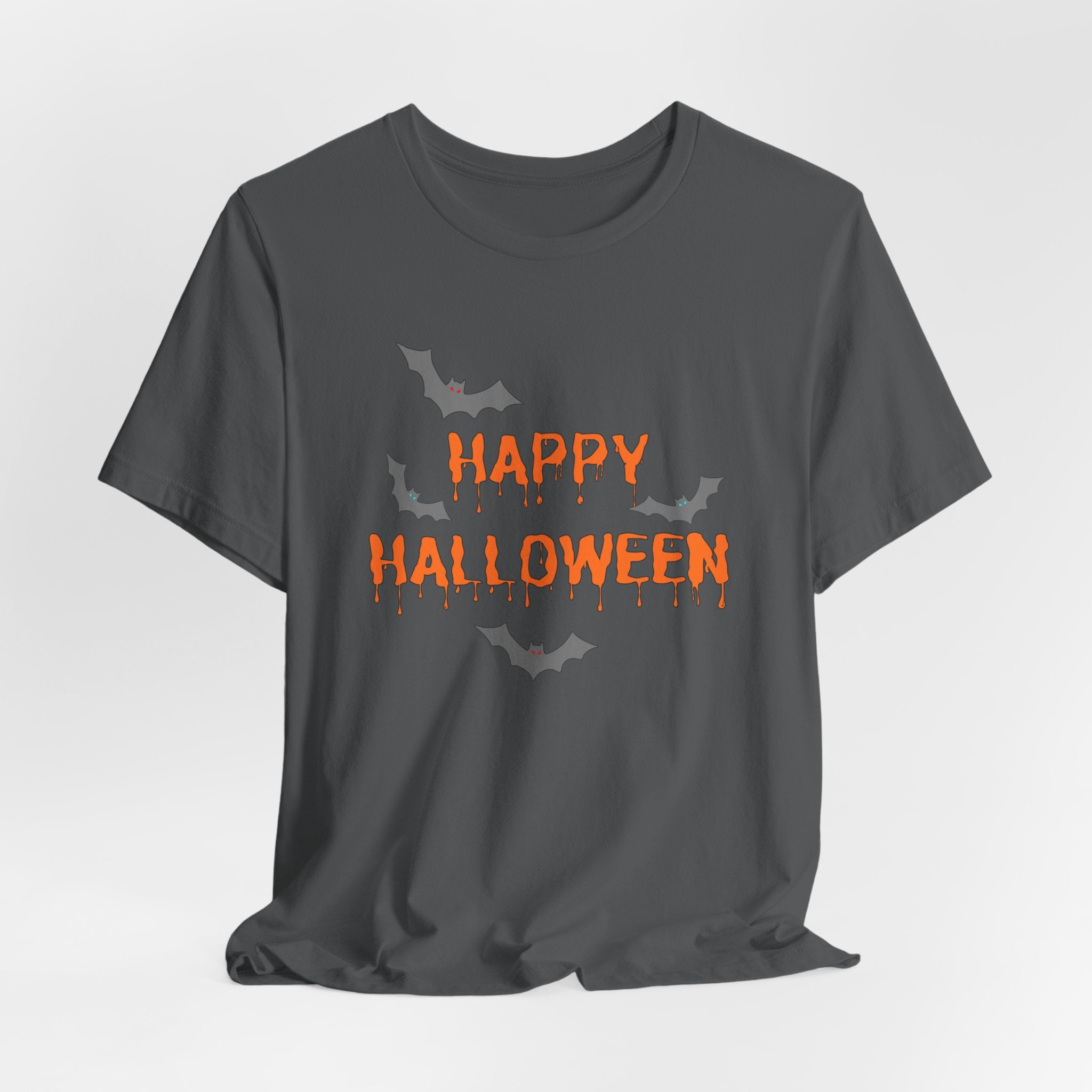 Asphalt gray t-shirt with 'Happy Halloween' text and bats on a light gray background
