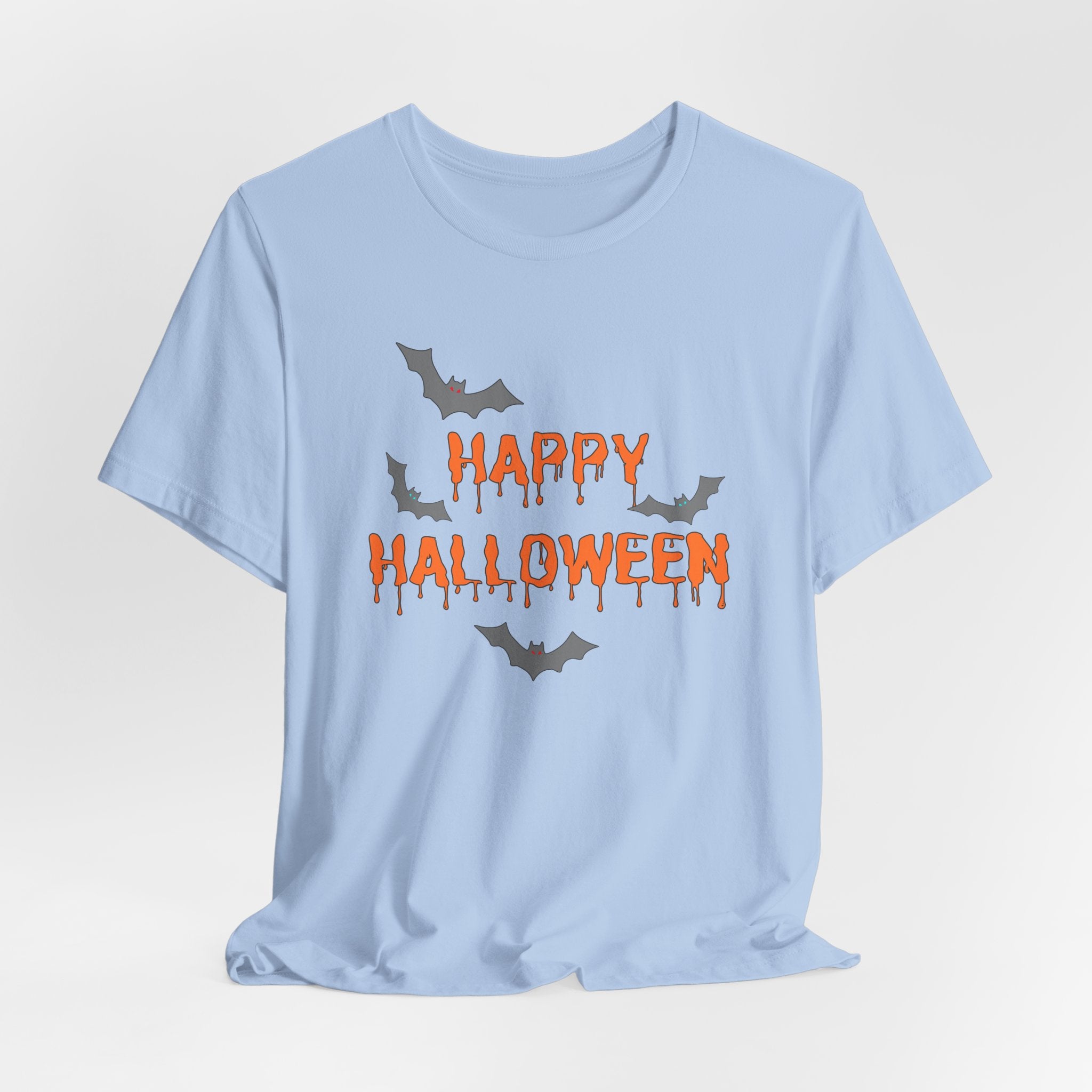 Light blue t-shirt with 'Happy Halloween' text and bats on a light gray background