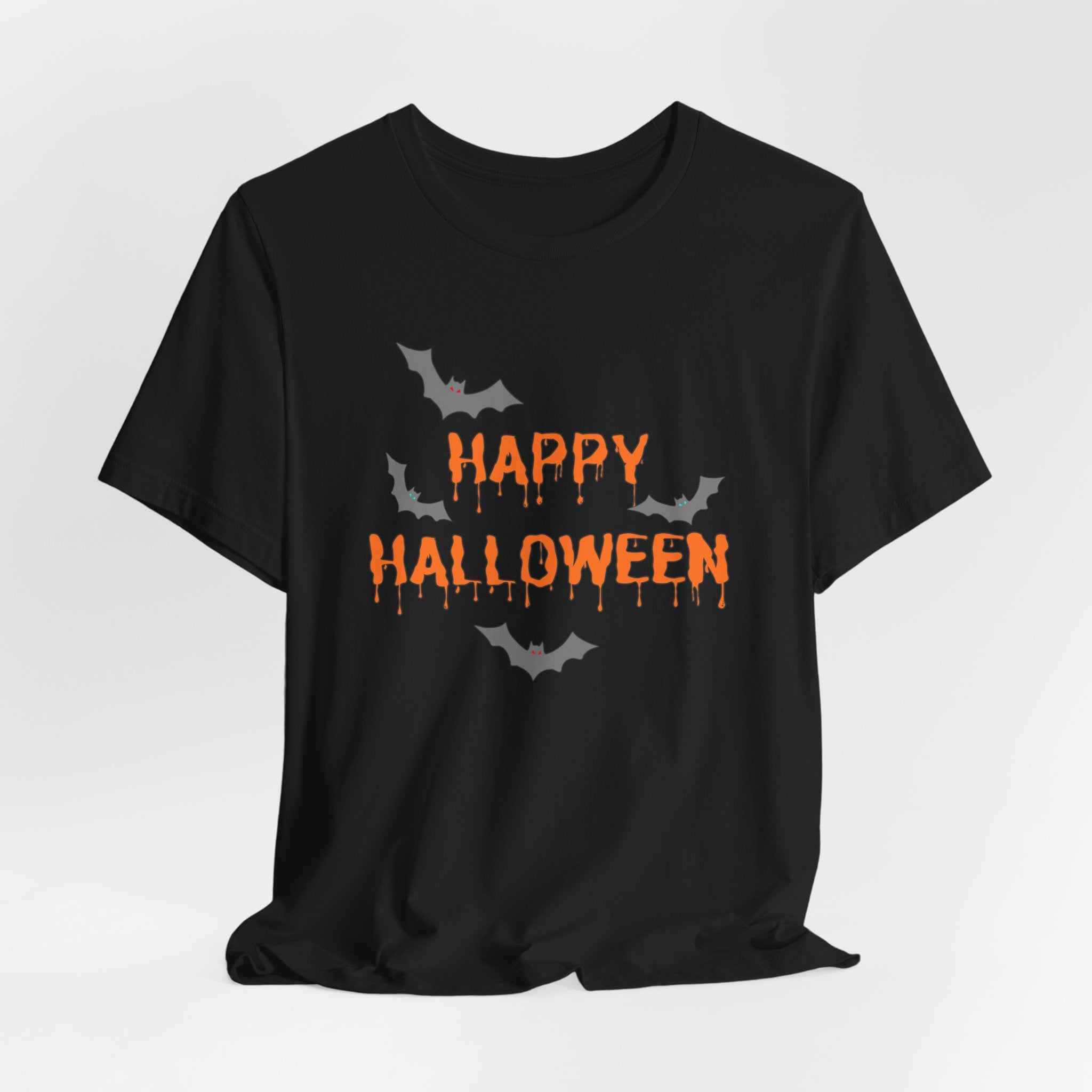 Black t-shirt with 'Happy Halloween' text and bats on a white background