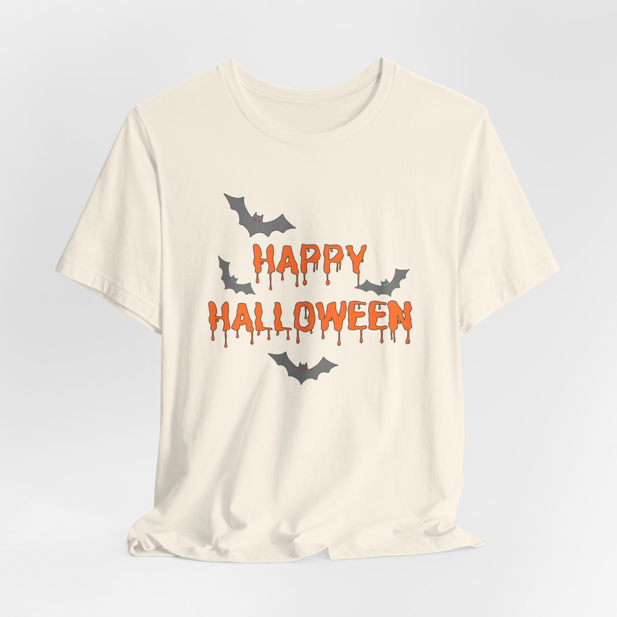 Ivory beige t-shirt with 'Happy Halloween' text and bats on a light gray background