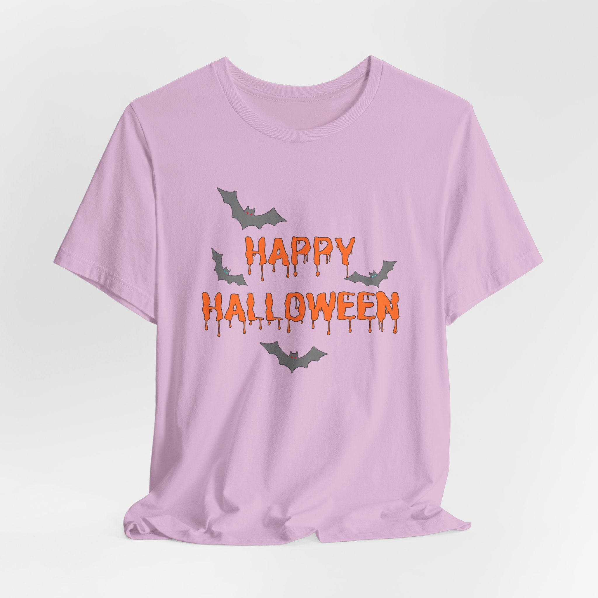 Purple t-shirt with 'Happy Halloween' text and bat graphics on a light gray background