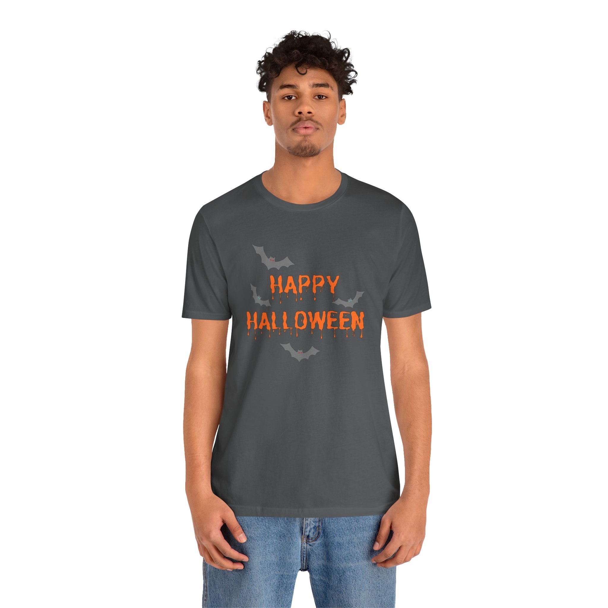 Person wearing a dark gray t-shirt with 'Happy Halloween' text and bat graphics on a white background