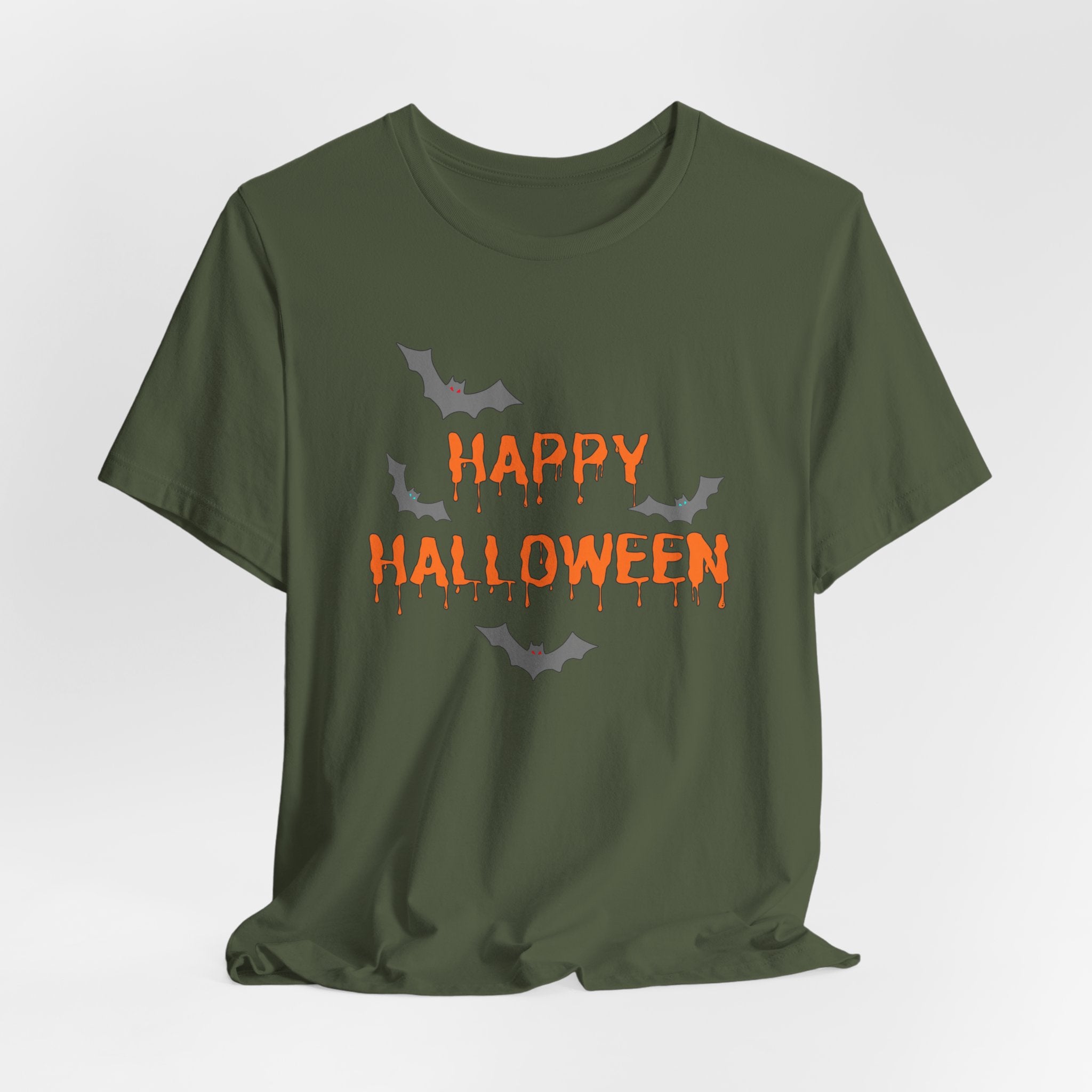 Military green t-shirt with 'Happy Halloween' text and bats on a white background