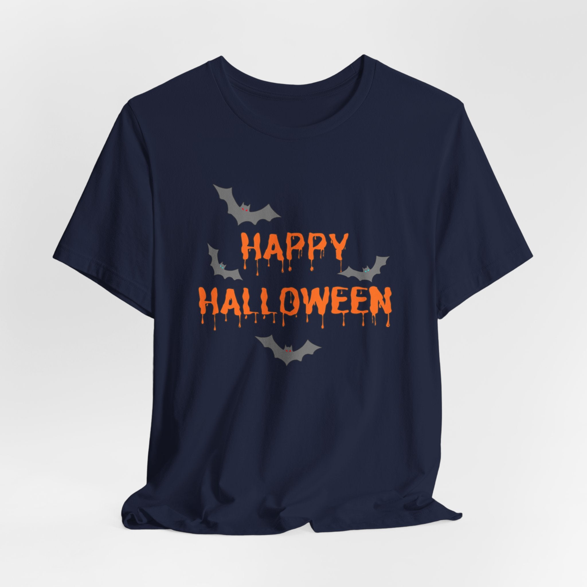 Navy blue t-shirt with 'Happy Halloween' text and bats on a white background