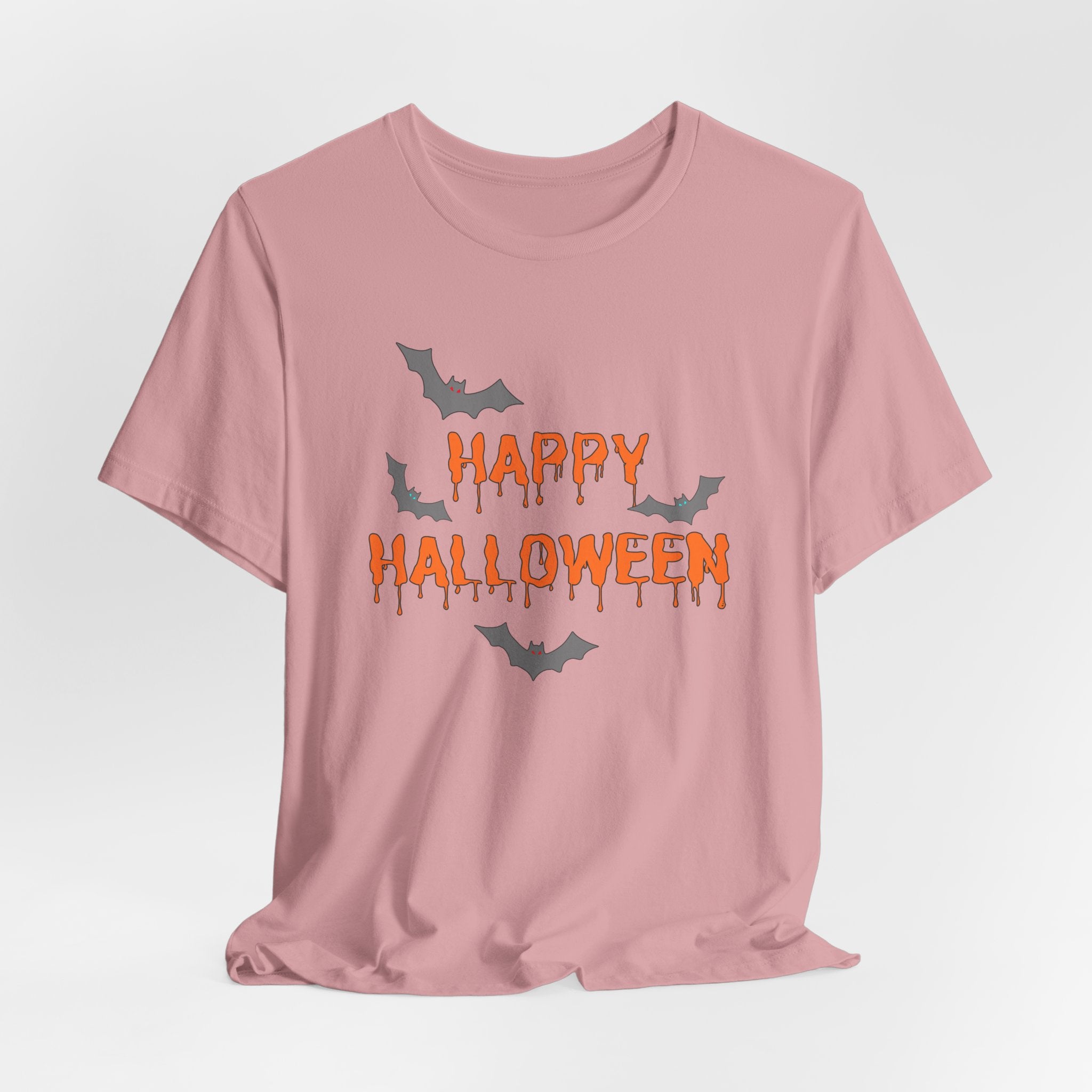 Orchid pink t-shirt with 'Happy Halloween' text and bats on a white background