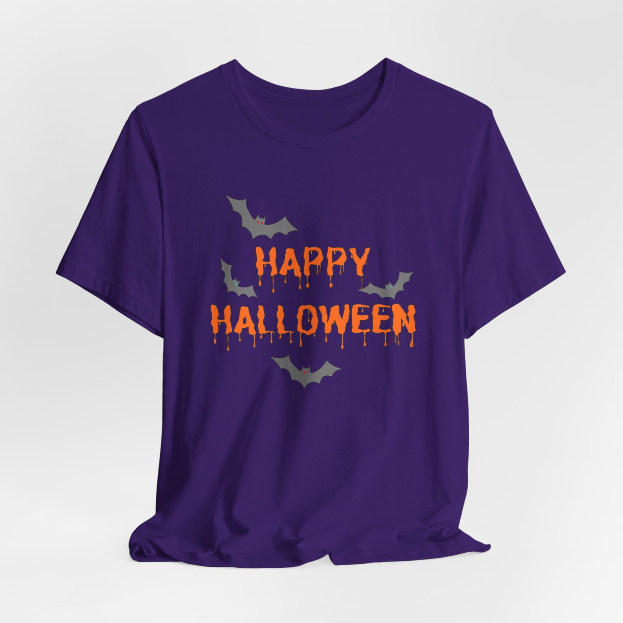 Purple t-shirt with 'Happy Halloween' text and bats on a white background