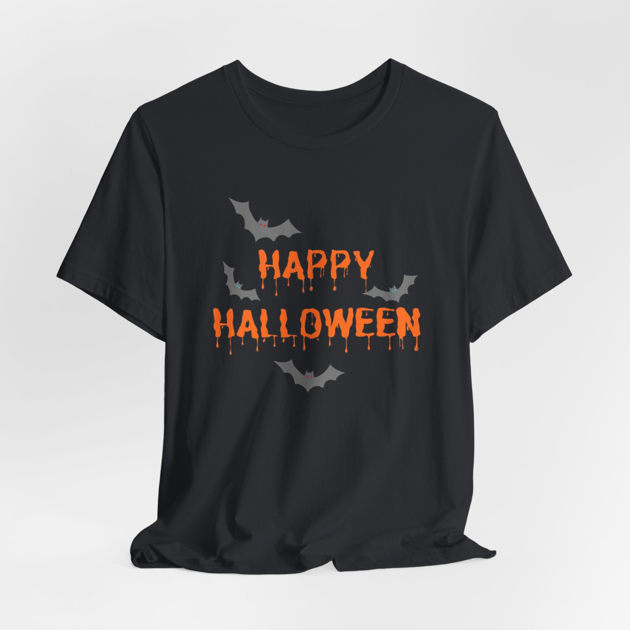 Vintage black t-shirt with 'Happy Halloween' text and bats on a white background