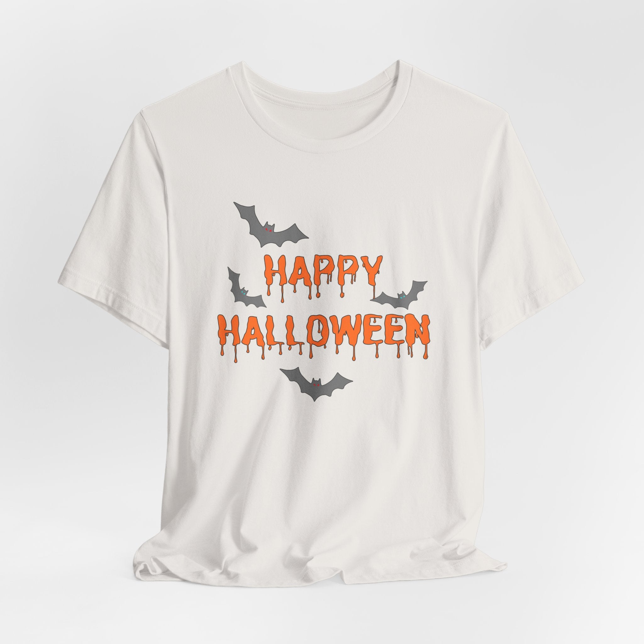 Vintage white t-shirt with 'Happy Halloween' text and bat graphics on a light gray background