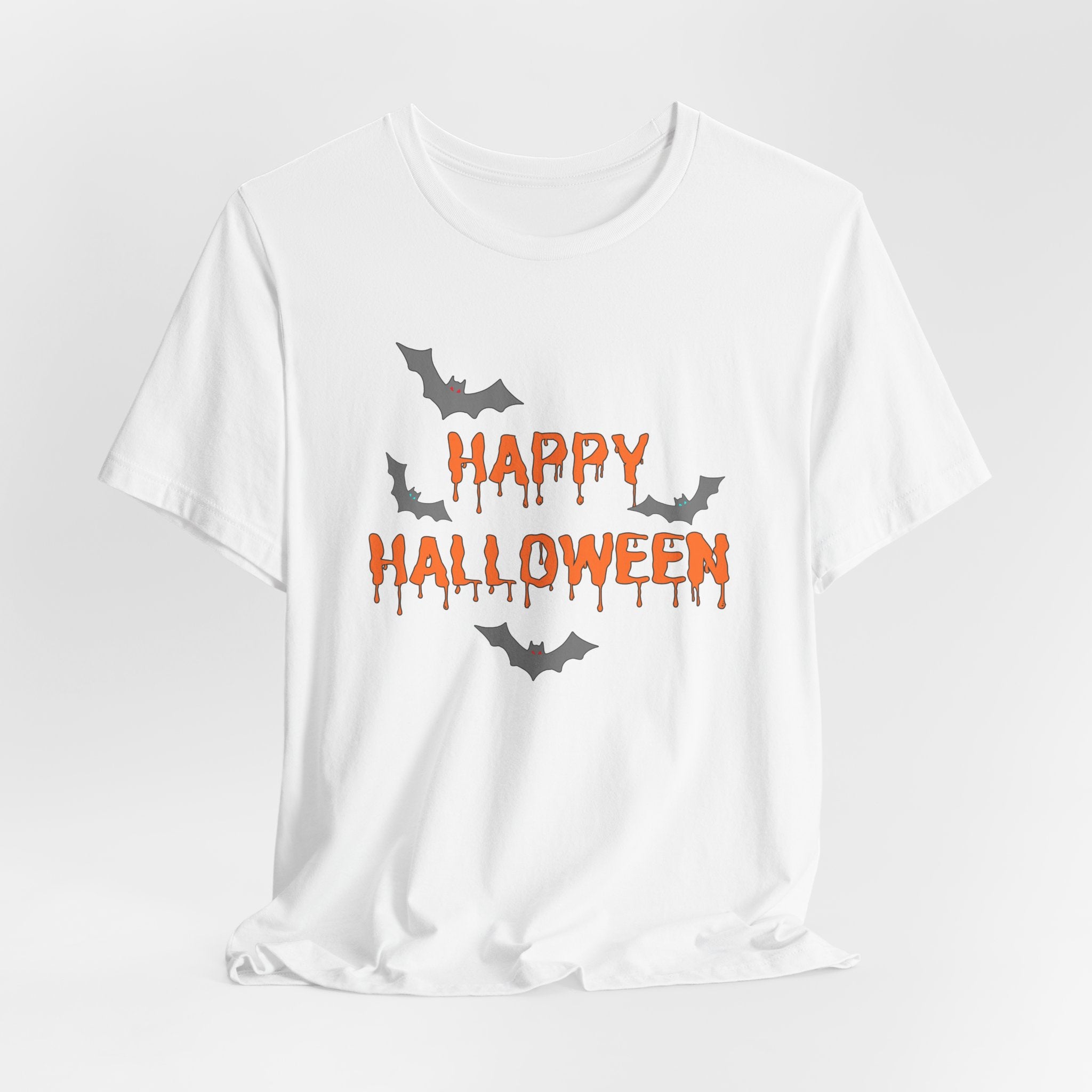 White t-shirt with 'Happy Halloween' text and bats on a light gray background