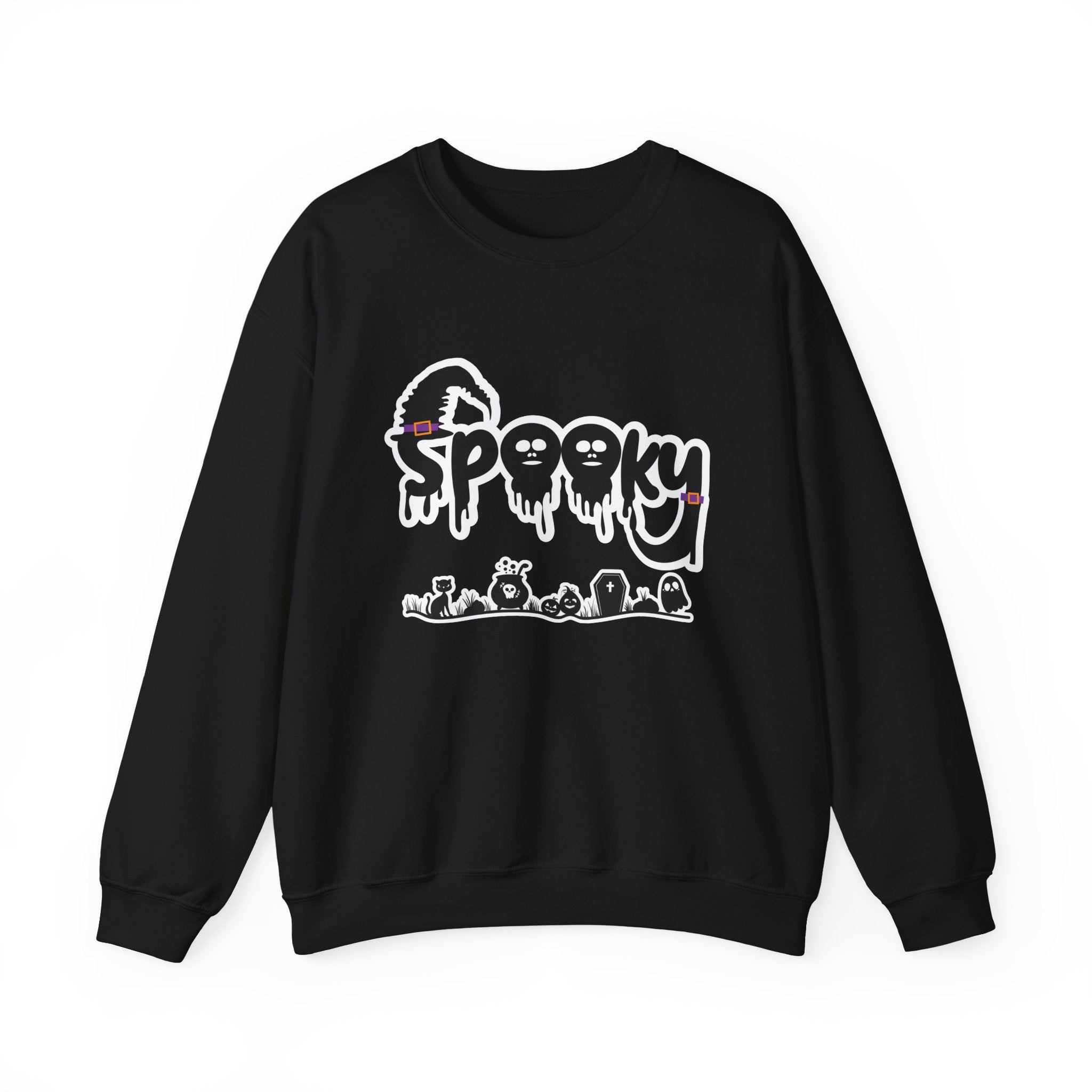 Black sweatshirt with white graphic design on a white background