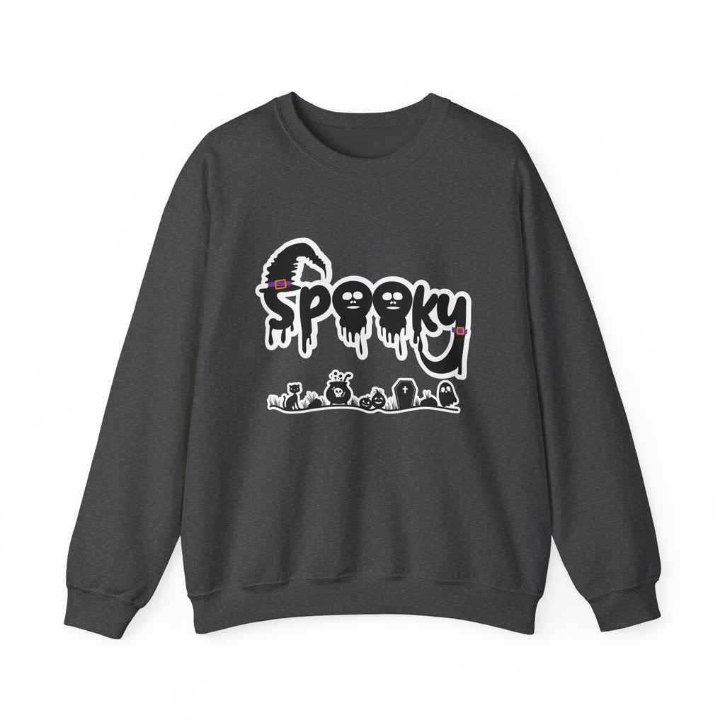 Dark heather sweatshirt with 'Spooky' graphic design on a white background