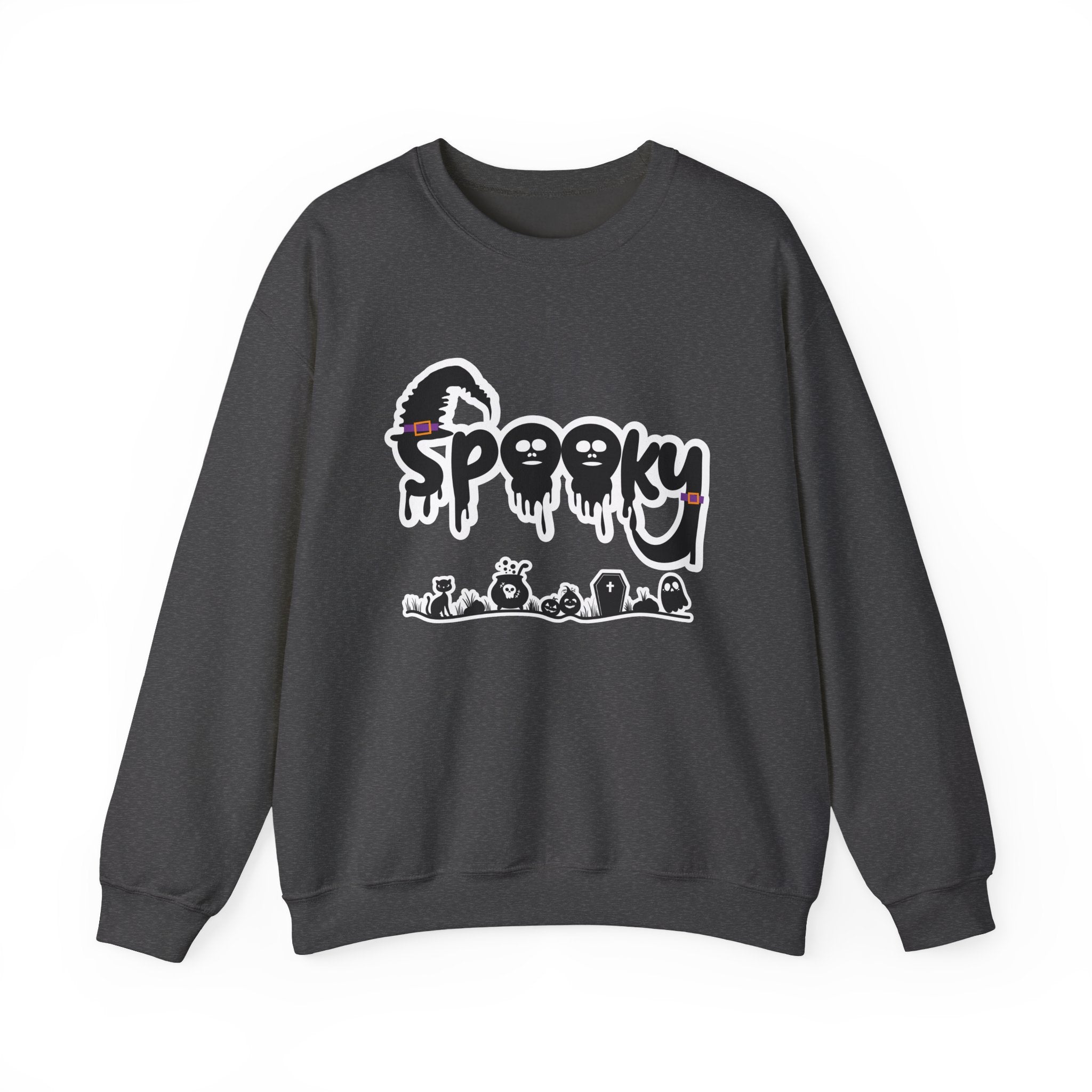 Dark heather sweatshirt with 'Spooky' graphic design on a white background